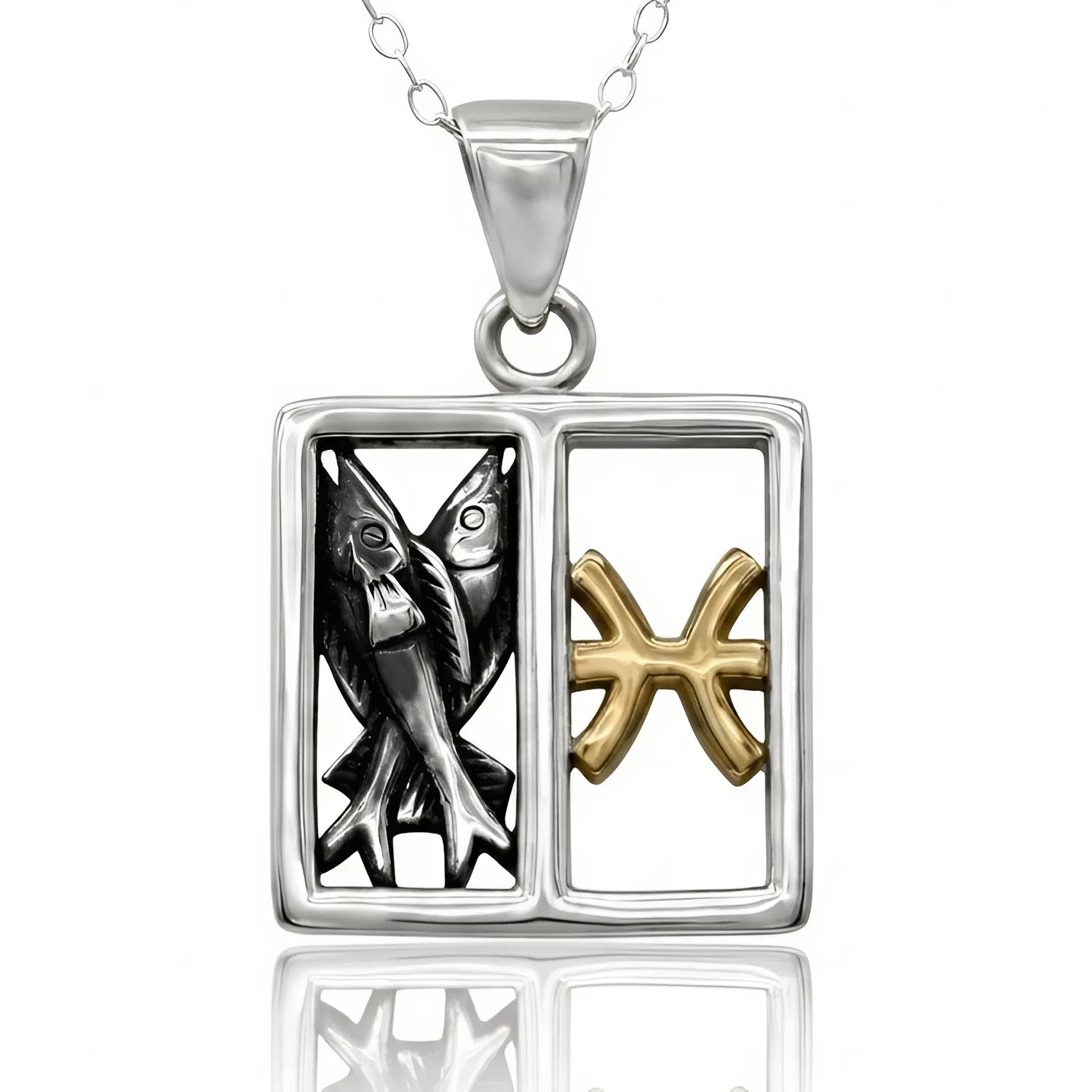 Pisces necklace: Sterling silver square pendant featuring two fish and a gold-tone zodiac symbol