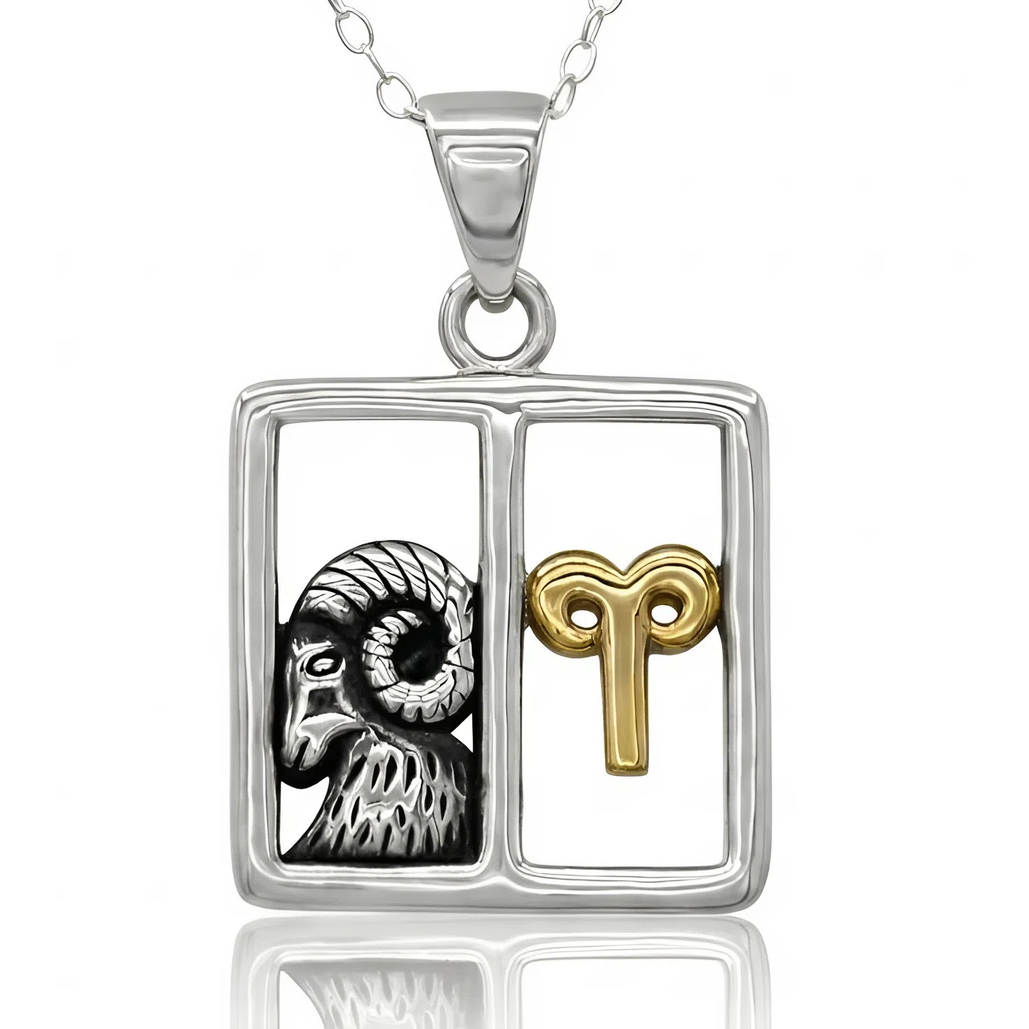 Aries necklace: Sterling silver square pendant featuring a ram profile and gold-tone zodiac symbol