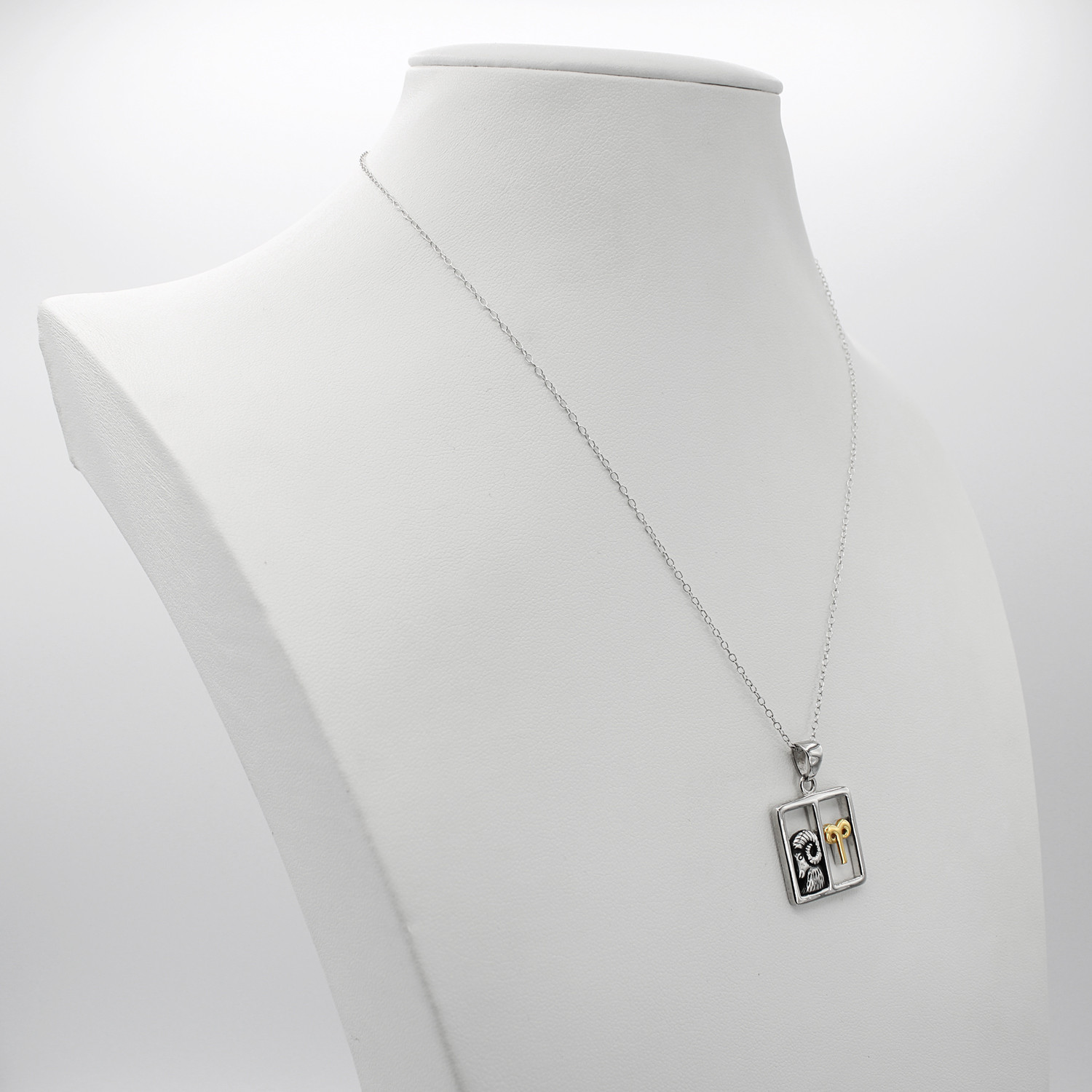 Zodiac necklace: Sterling silver Aries pendant displayed on a white mannequin torso showing chain fit
