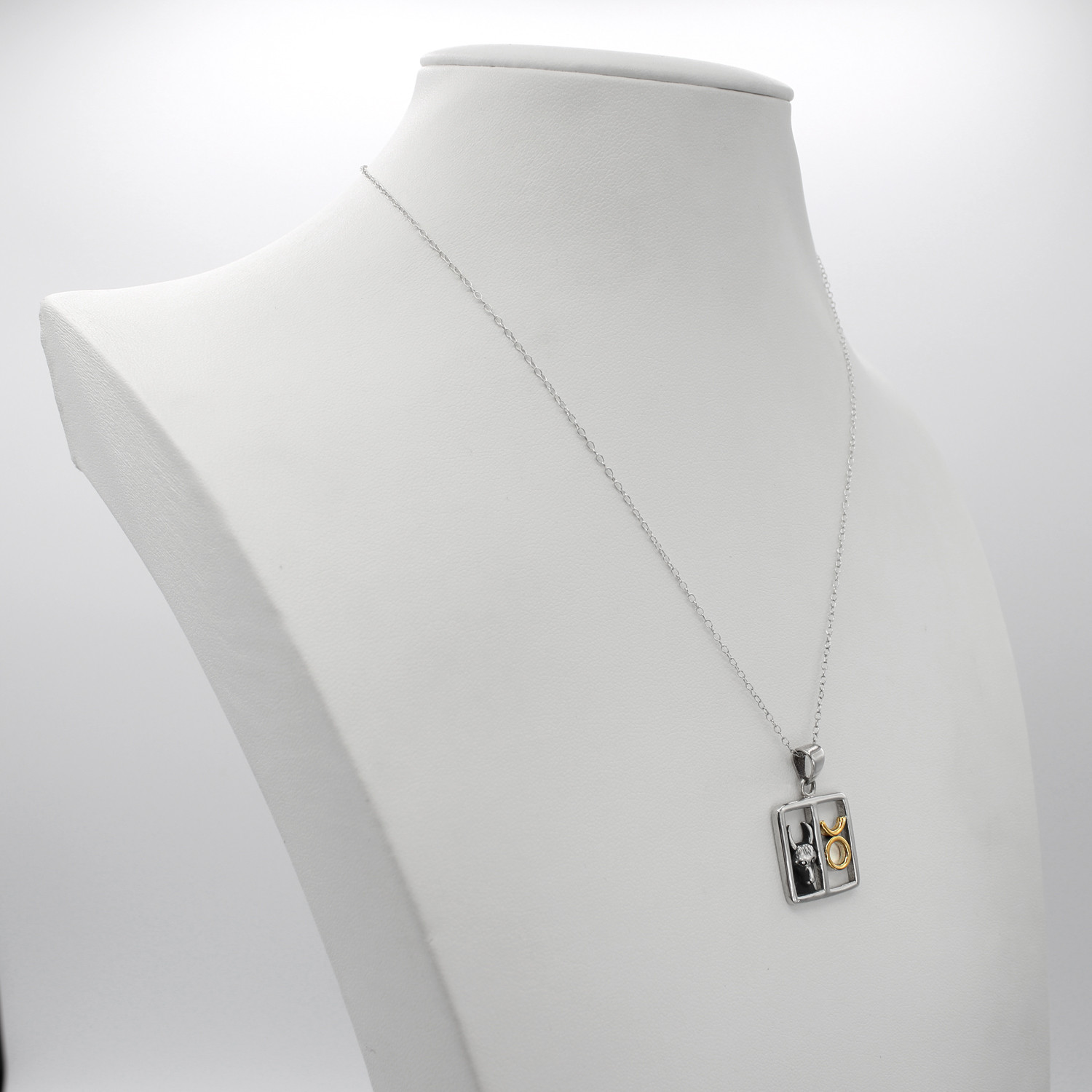 Taurus jewelry mystical horoscope necklace displayed on a white jewelry bust, highlighting the silver and gold contrast