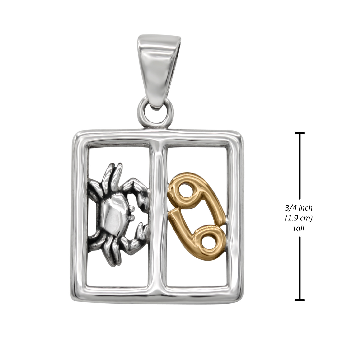 .925 sterling silver Cancer pendant with gold accents, paired with a measurement guide indicating the square frame stands 3/4 inch tall