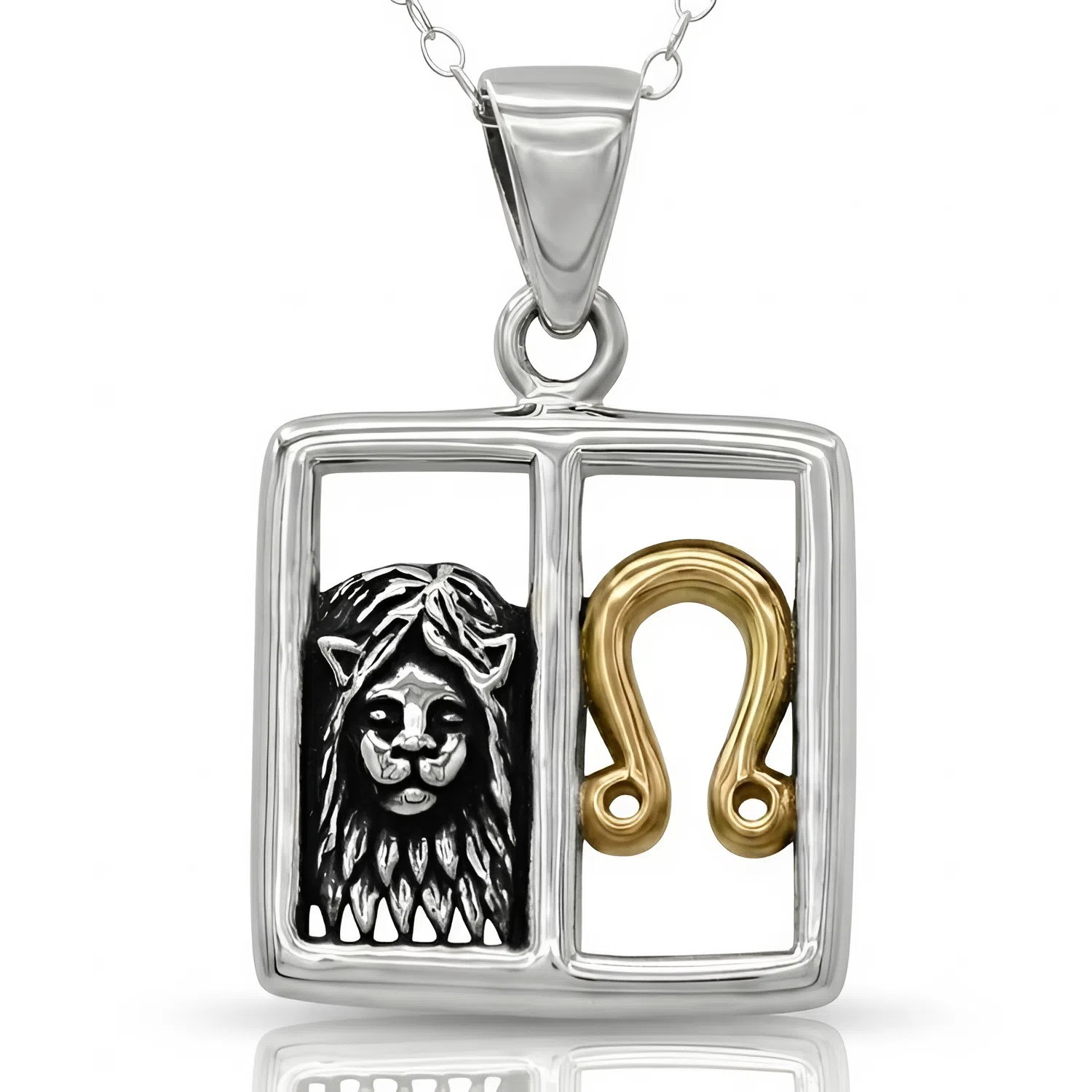 Zodiac horoscope Leo pendant in premium .925 sterling silver with a gold astrological glyph, captured close-up against a crisp, white background