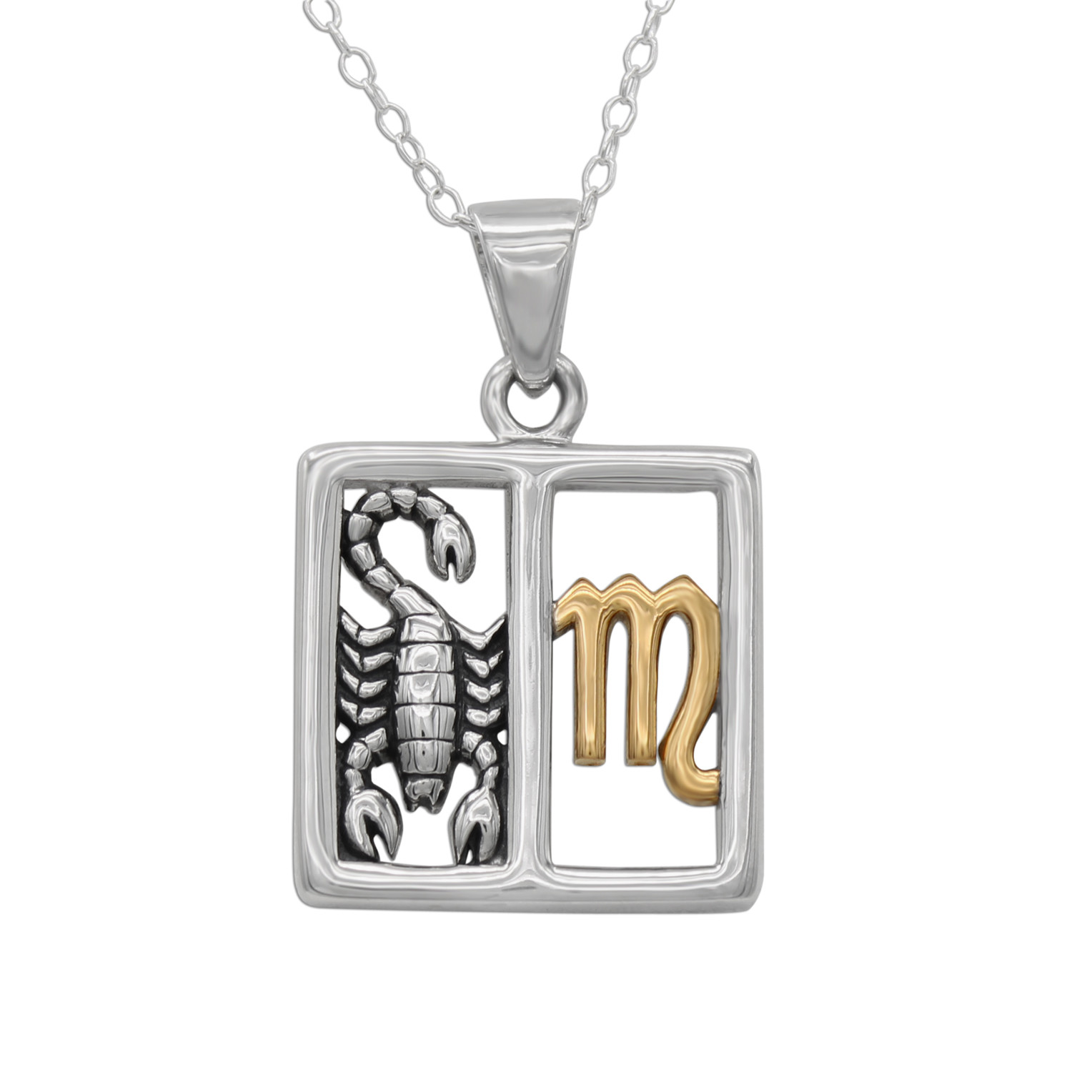 Zodiac horoscope Scorpio pendant in premium .925 sterling silver with a gold astrological glyph, captured close-up against a crisp, white background