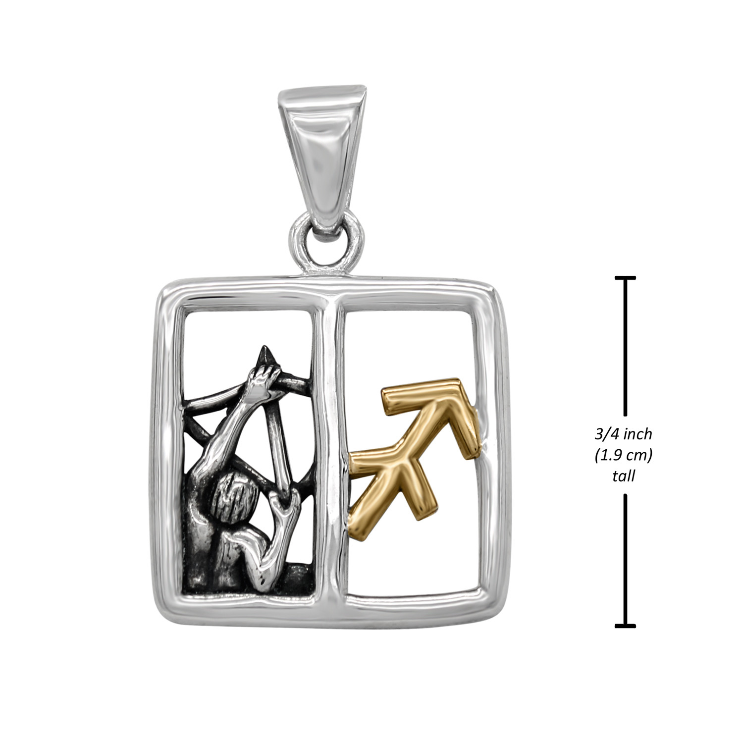 .925 sterling silver Sagittarius pendant with gold accents, paired with a measurement guide indicating the square frame stands 3/4 inch tall