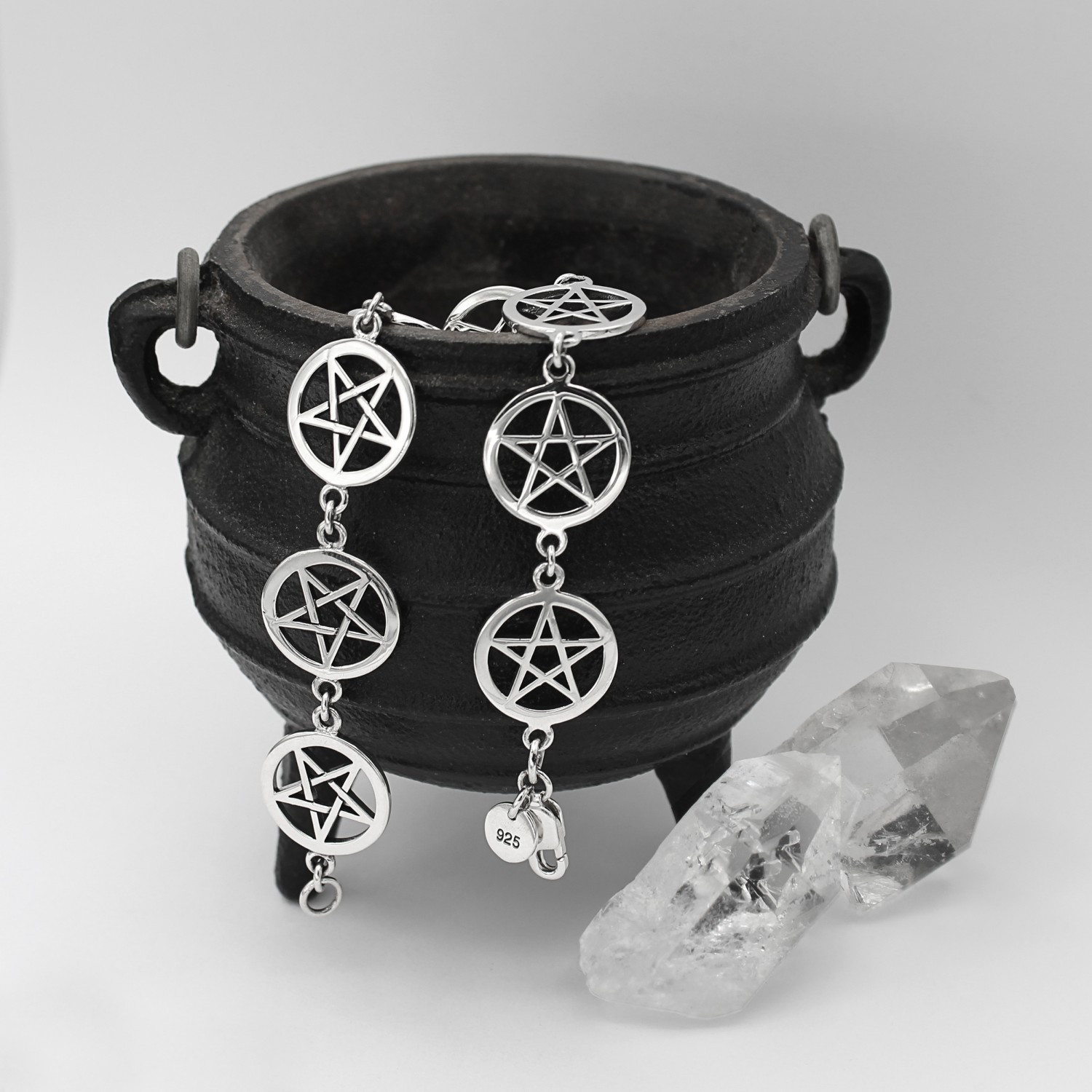 Sterling Silver Pentacle Link Bracelet Wiccan Pentagram Jewelry