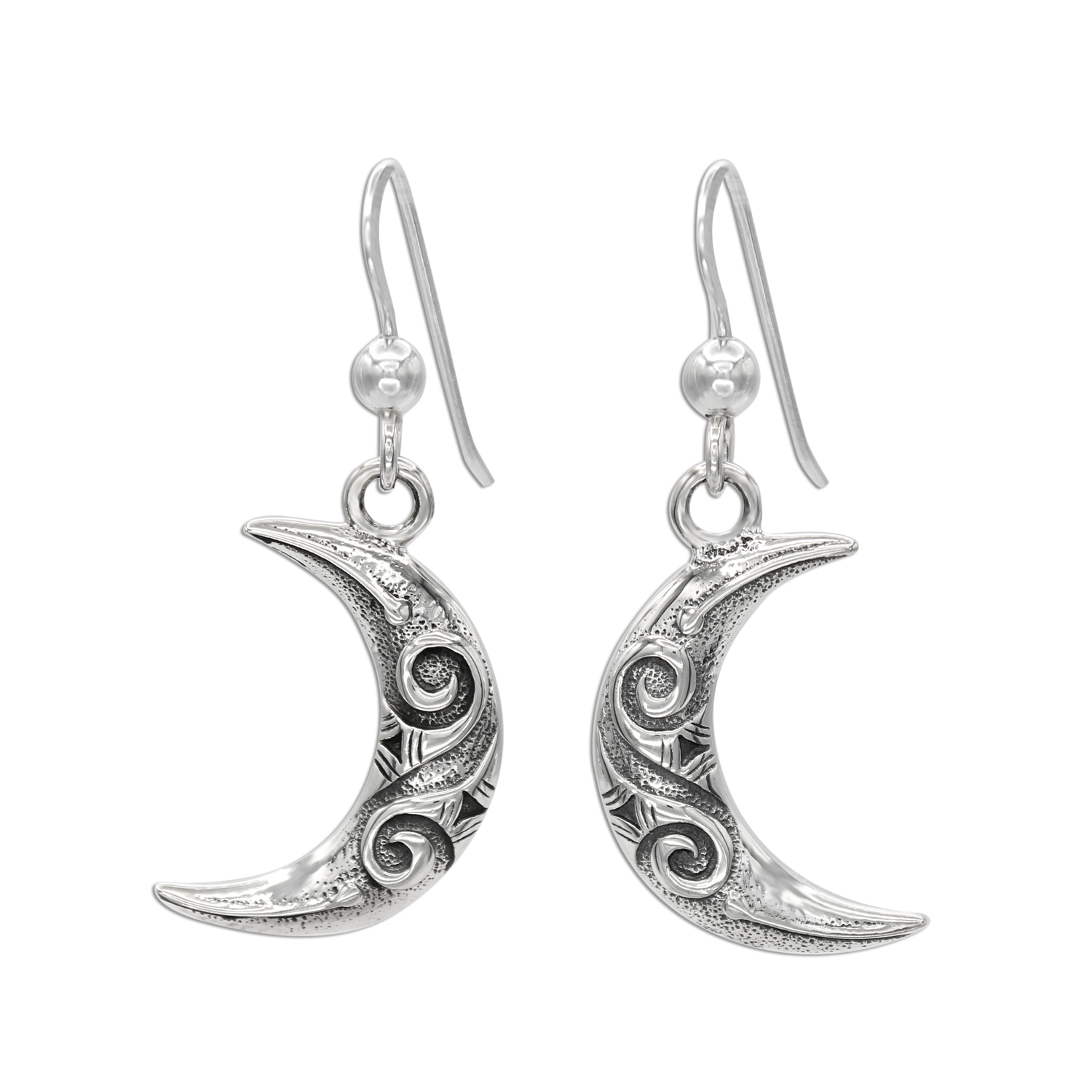 Sterling Silver Dangle Earrings Celestial Moon Shape with Filigree Details