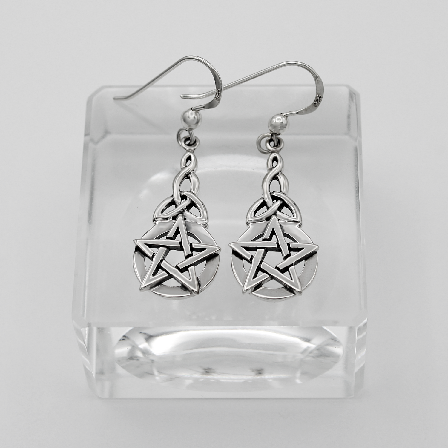 Triquetra Pentagram Earrings Made from Sterling Silver on Glass Cube