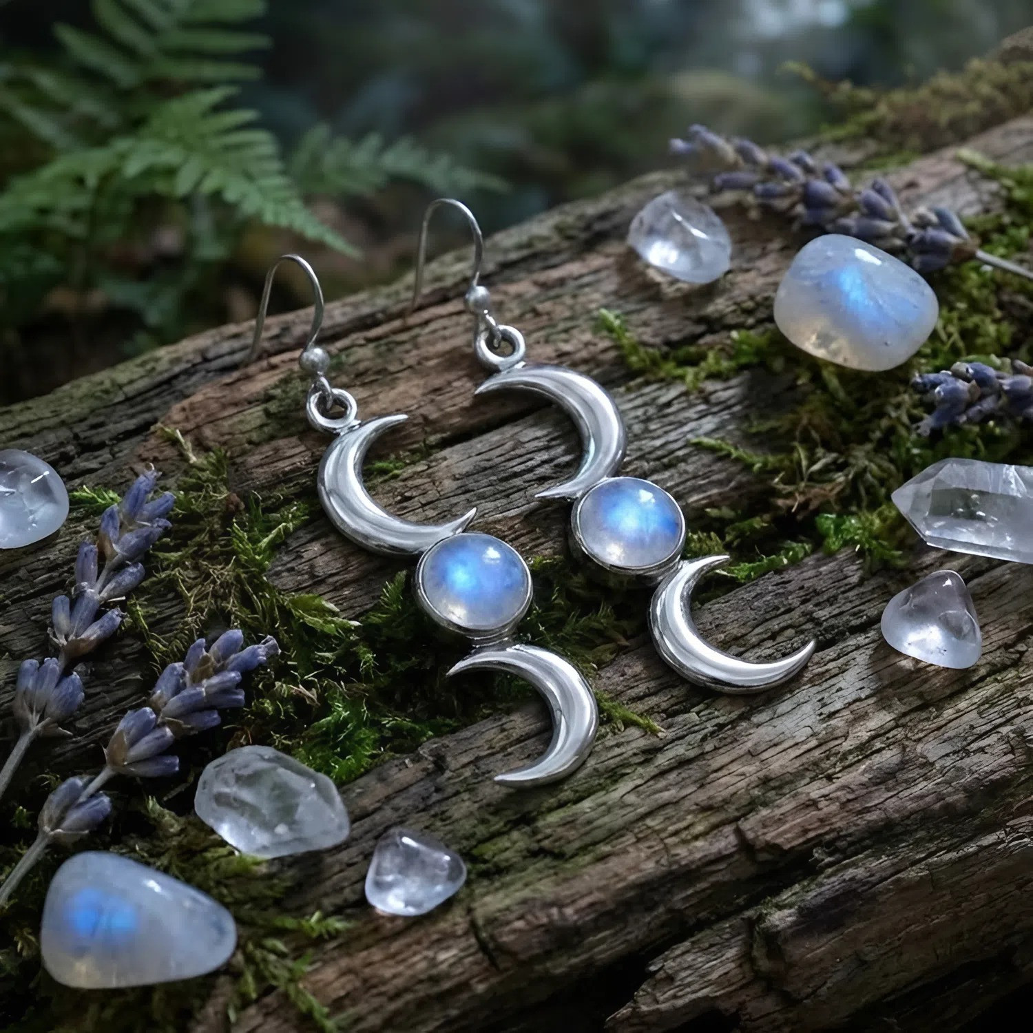 Triple Moon Goddess Earrings - Sterling Silver Wiccan Pagan Jewelry