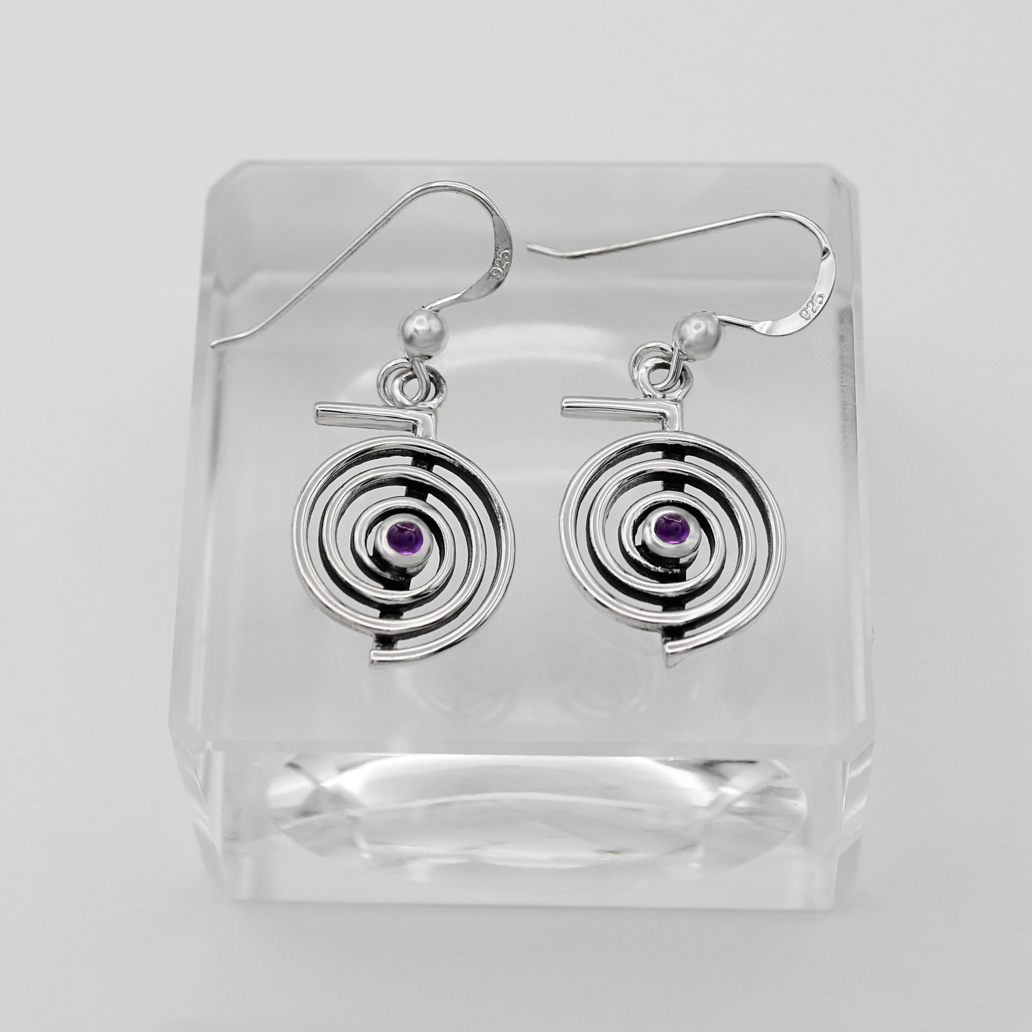 Silver Dangle Earrings Reiki Power Symbol Design with Purple Stone