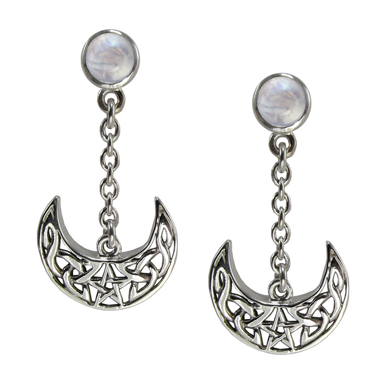 Sterling Silver Celtic Knot Crescent Moon Pentacle Earrings Rainbow Moonstone Jewelry