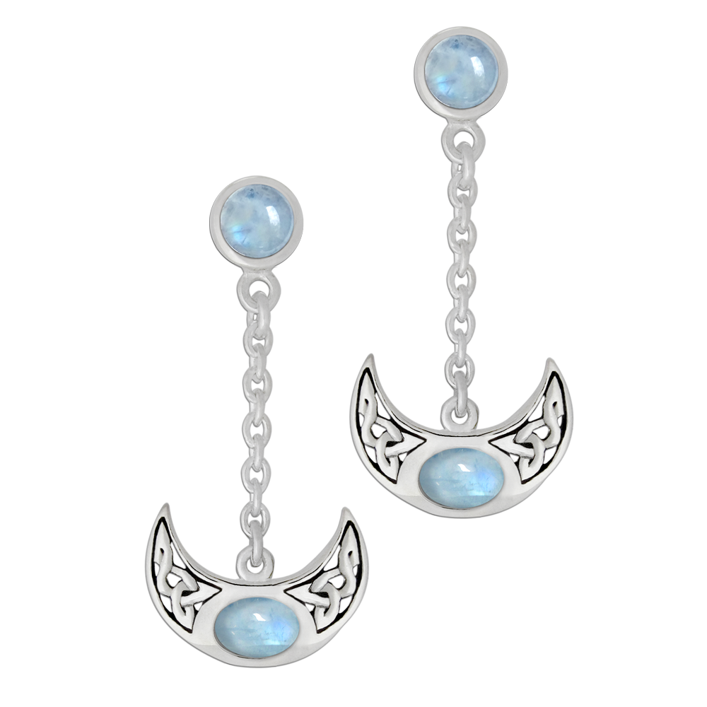 Sterling Silver Celtic Knot Crescent Moon Earrings Rainbow Moonstones