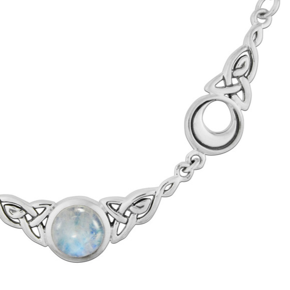 Crescent Moon Celtic Knot Triquetra Rainbow Moonstone Necklace, Mother maiden crone symbol.