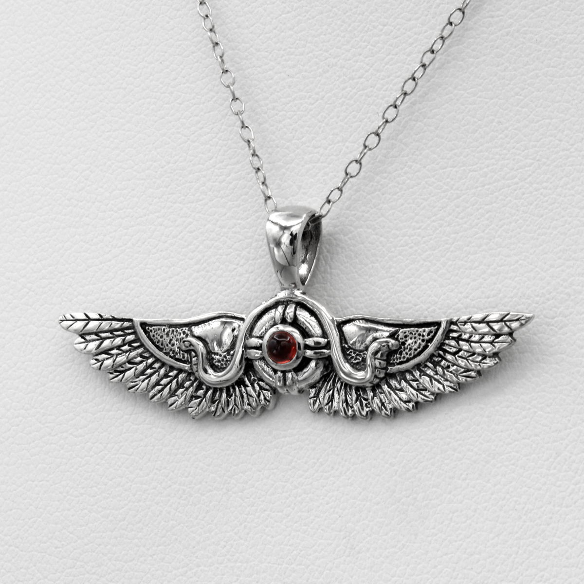 Sterling Silver Winged Sun Disk of Thebes Garnet Behdety Pendant