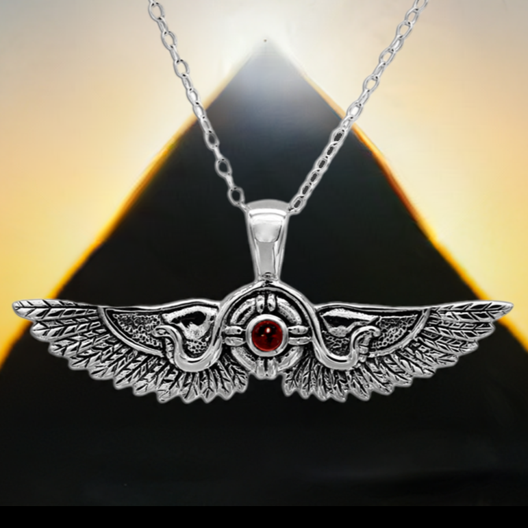 Sterling Silver Winged Sun Disk of Thebes Garnet Behdety Pendant