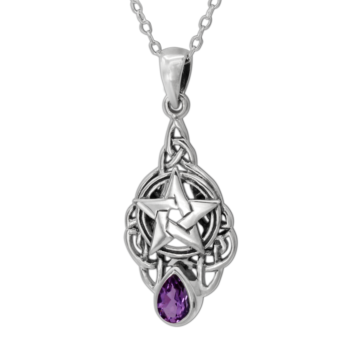 Sterling Silver Celtic Triquetra Knot Pentacle Pendant with Amethyst Drop Jewelry