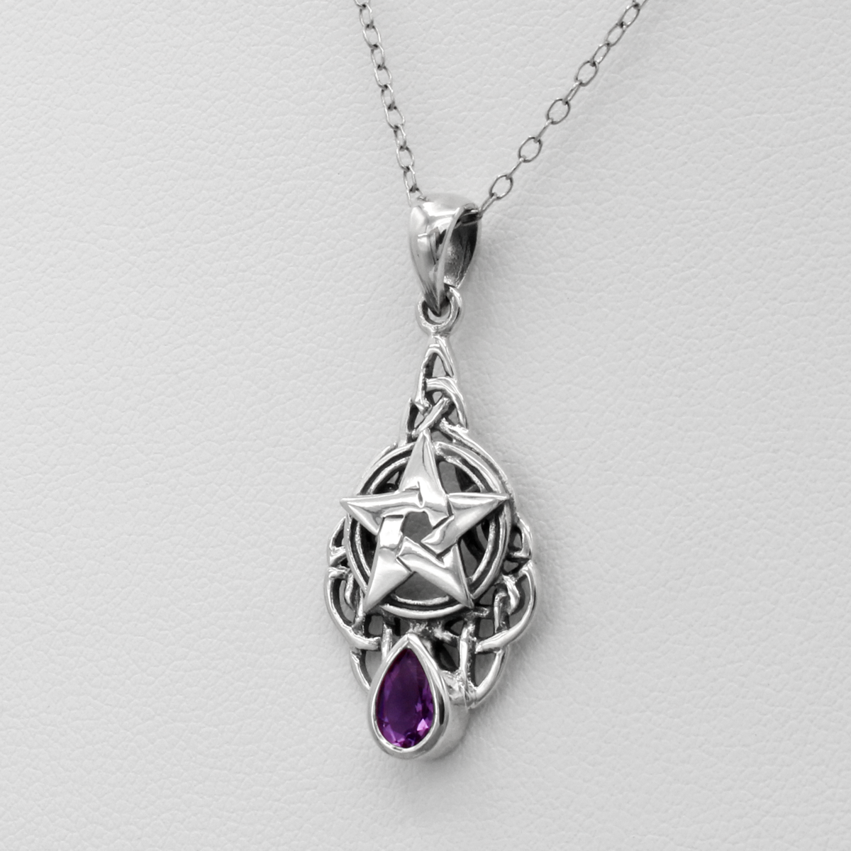 Sterling Silver Celtic Triquetra Knot Pentacle Pendant with Amethyst Drop Jewelry