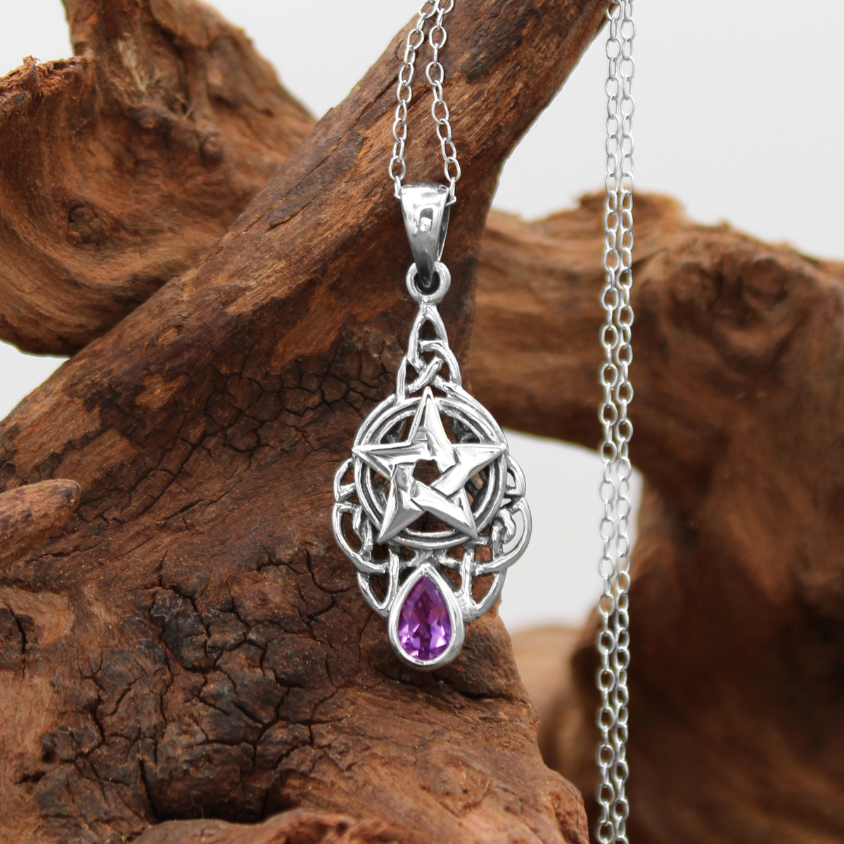 Sterling Silver Celtic Triquetra Knot Pentacle Pendant with Amethyst Drop Jewelry