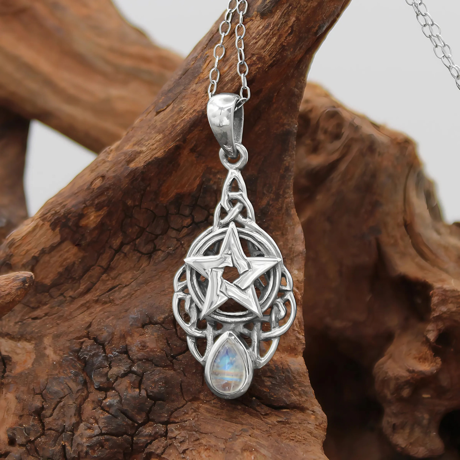 Wiccan Necklace - Moonstone Pentacle Pendant Jewelry