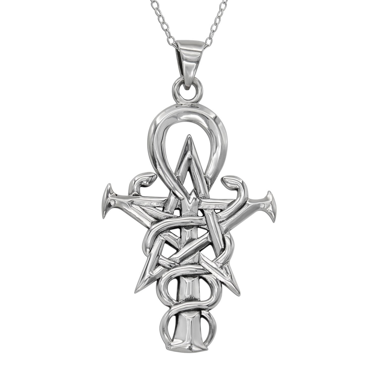 ankh pentagram caduceus pendant magick symbol amulet in sterling silver
