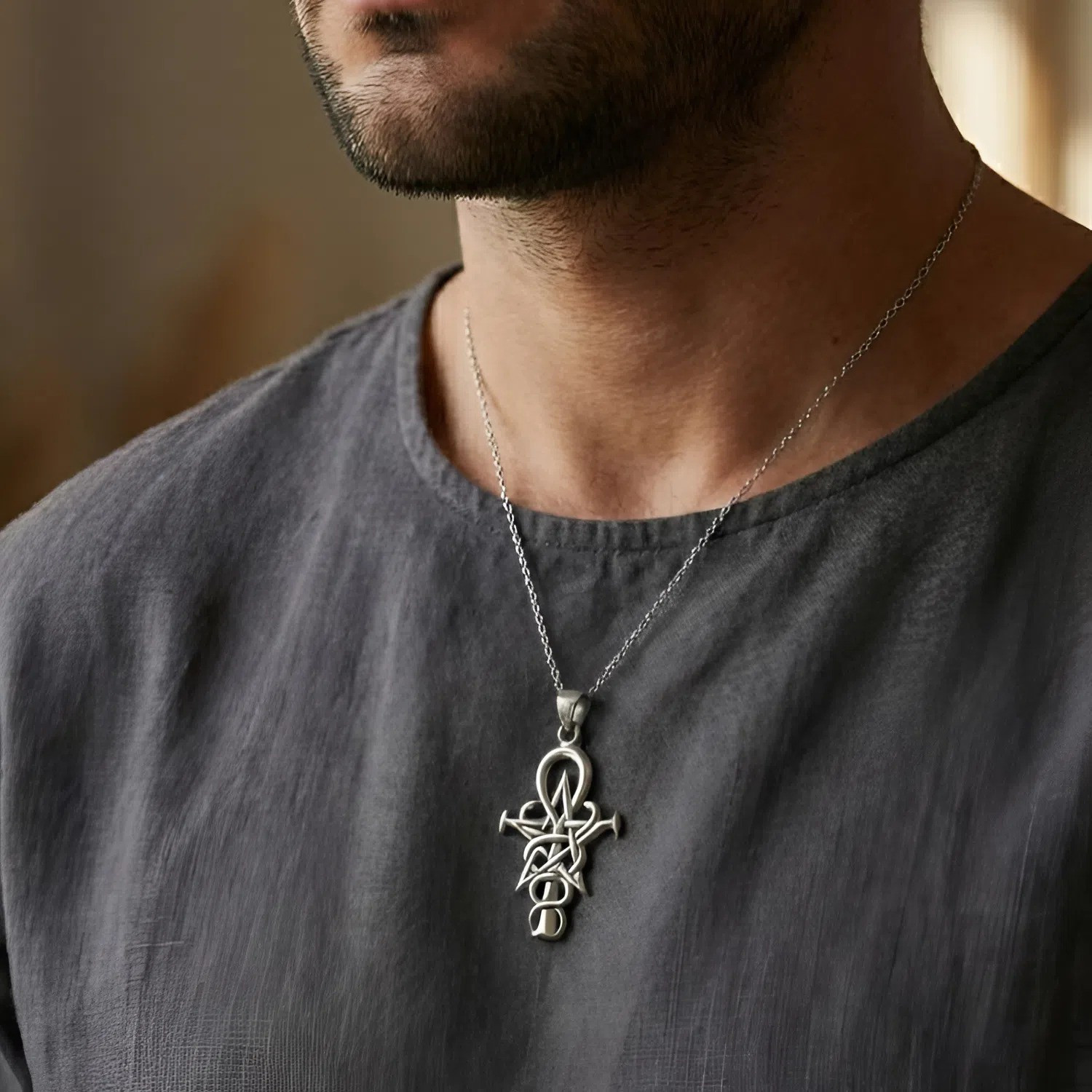Sterling Silver Symbol of Witch Pentagram Ankh Caduceus Pendant