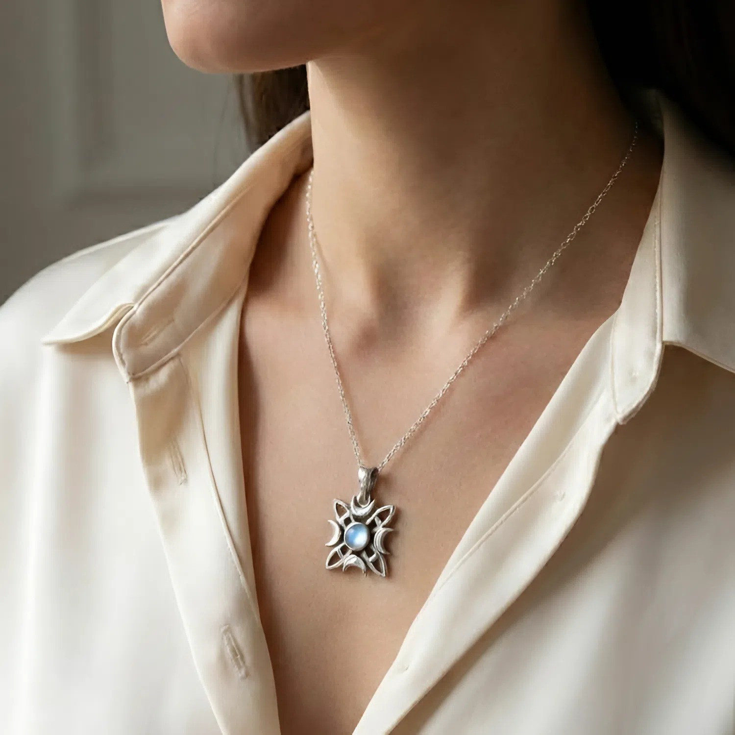 Witches Knot Pendant Sterling Silver Moonstone Protection Amulet