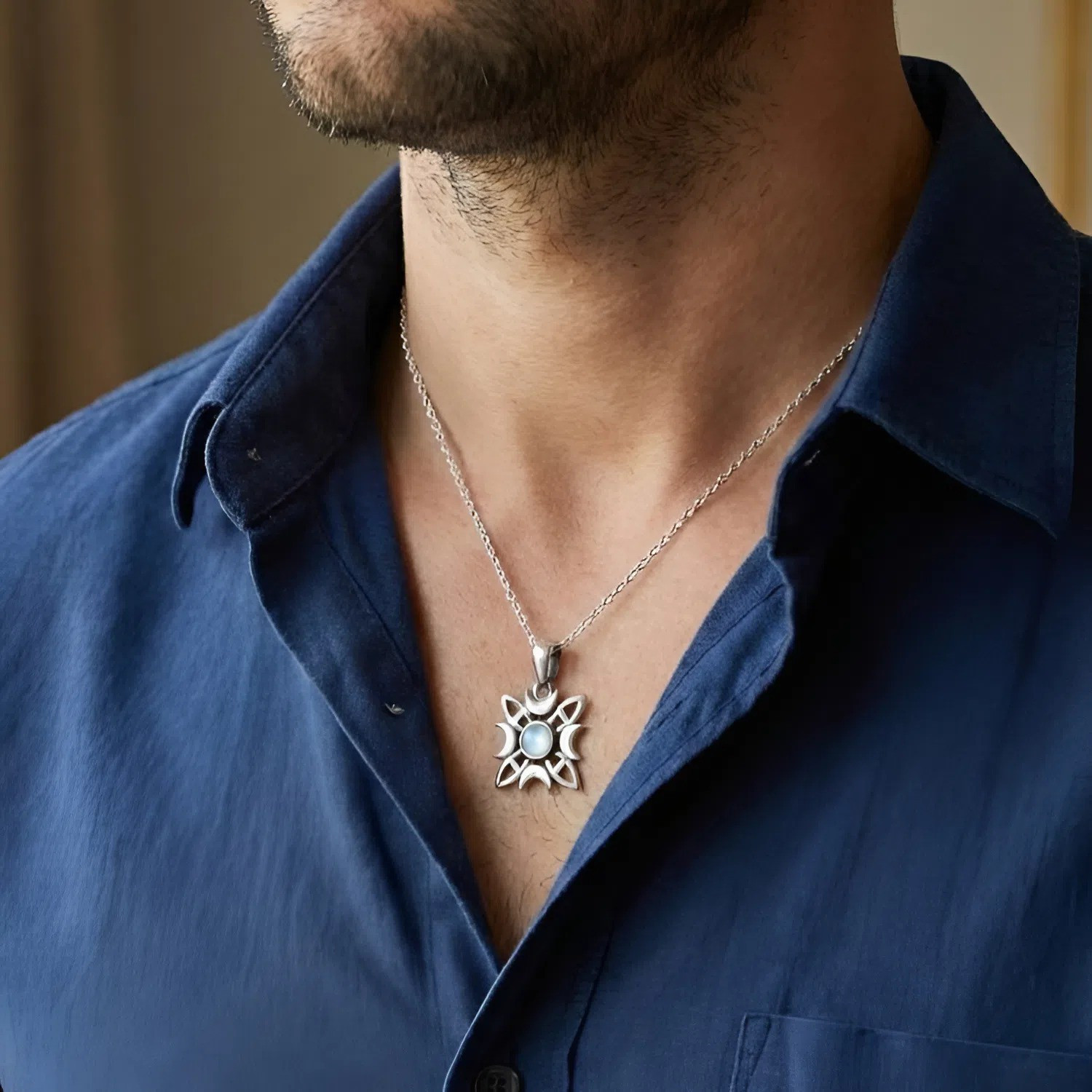 Silver Chain Necklace Witches Knot Protection Pendant Moonstone