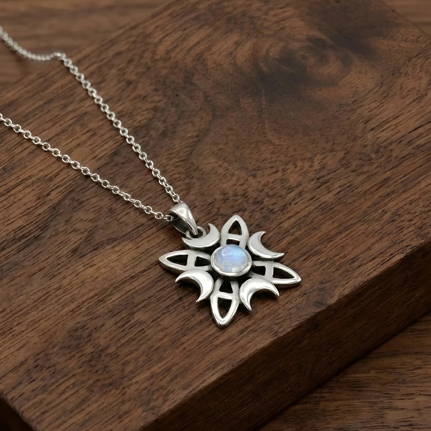 Silver Crescent Moon Witches Knot Pendant Moonstone Necklace