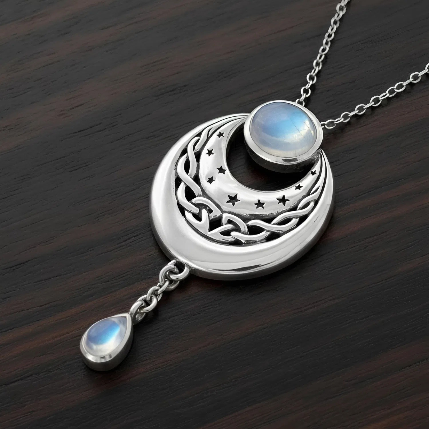 Modern Moon Necklace with Celtic Design and Natural Rainbow Moonstone Gemstone