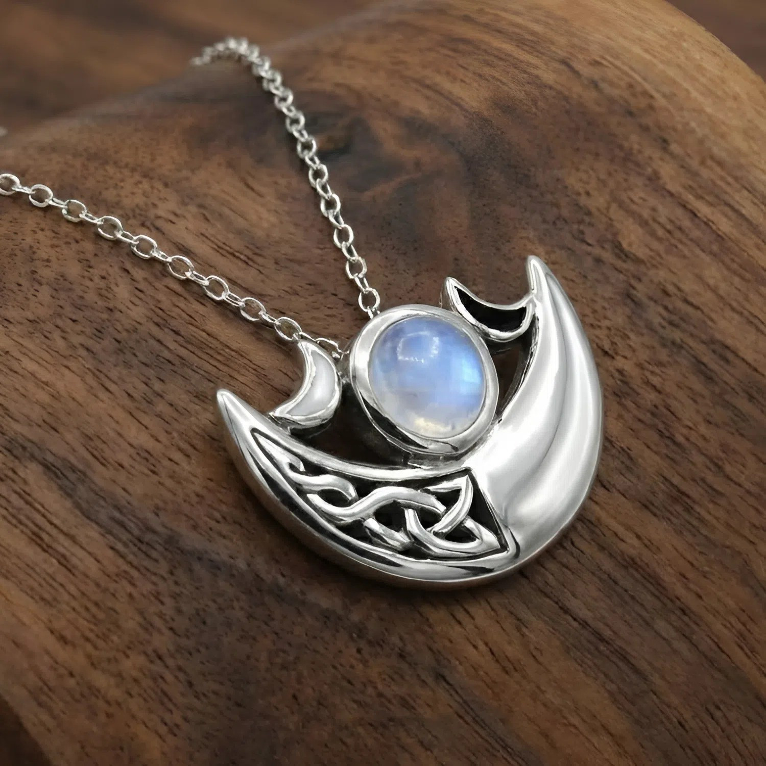 Celtic Crescent Moon Phase Amulet Rainbow Moonstone Jewelry