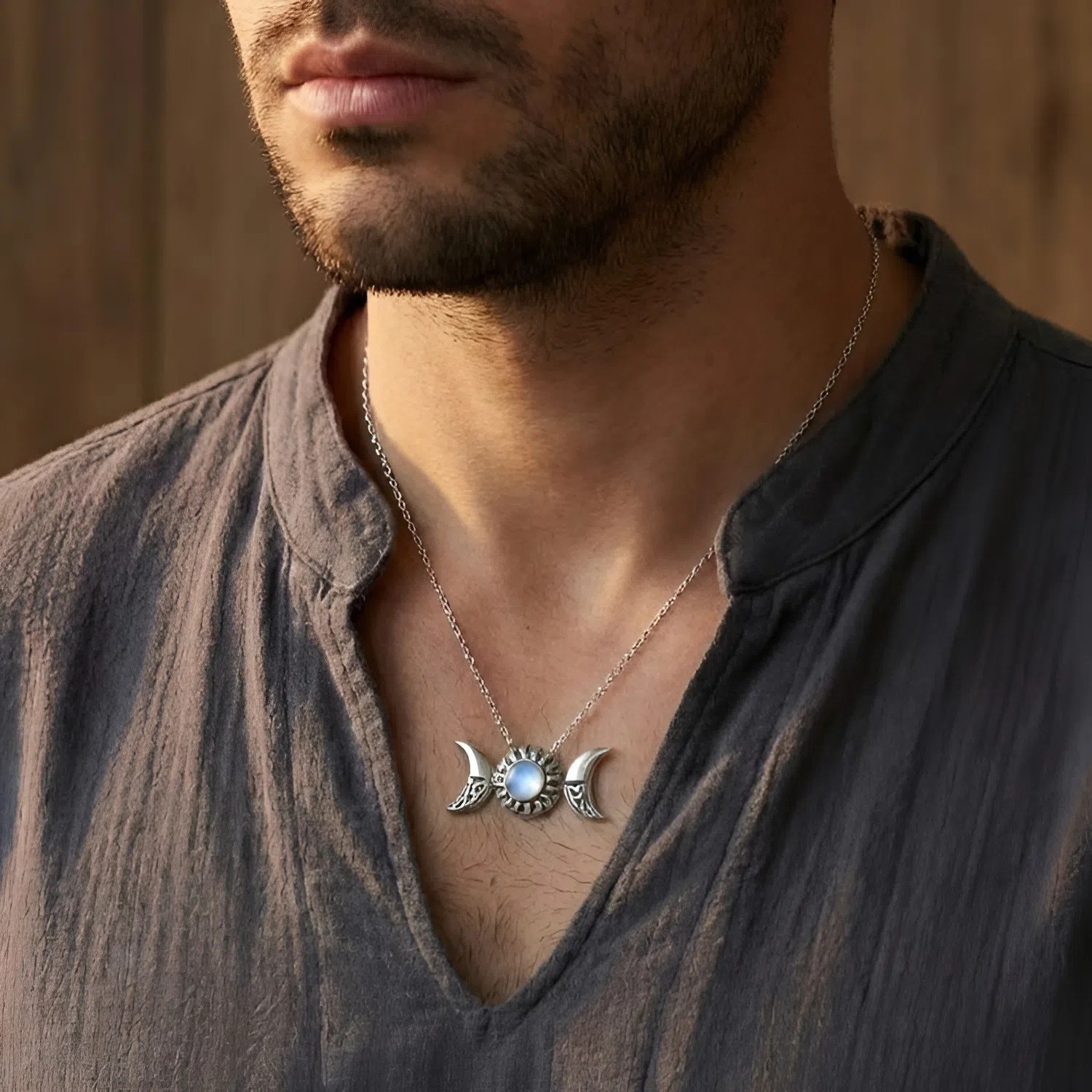 Celtic Jewelry Silver Sun and Moon Moonstone Amulet Gift for Men