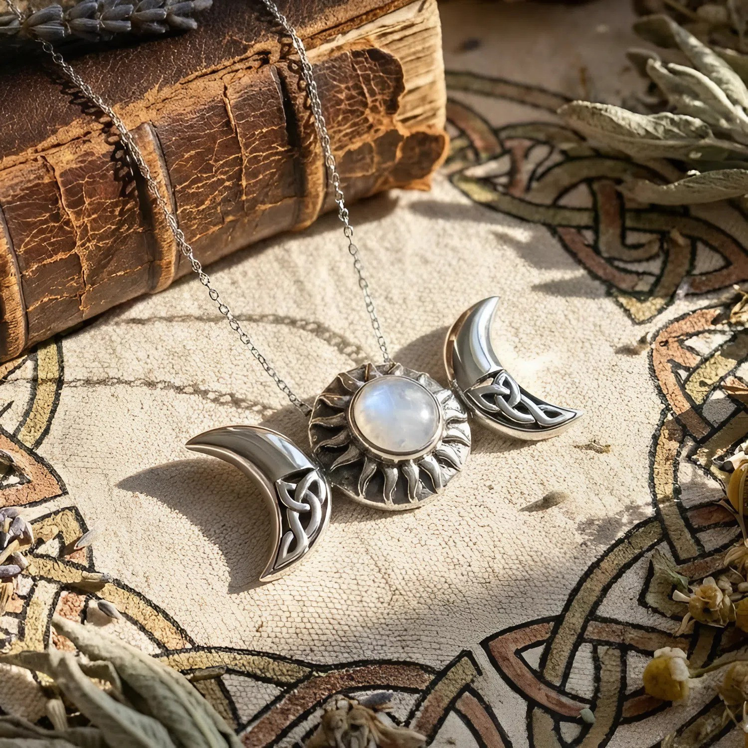 Celestial Sun and Moon Celtic Knot Pendant with Rainbow Moonstone