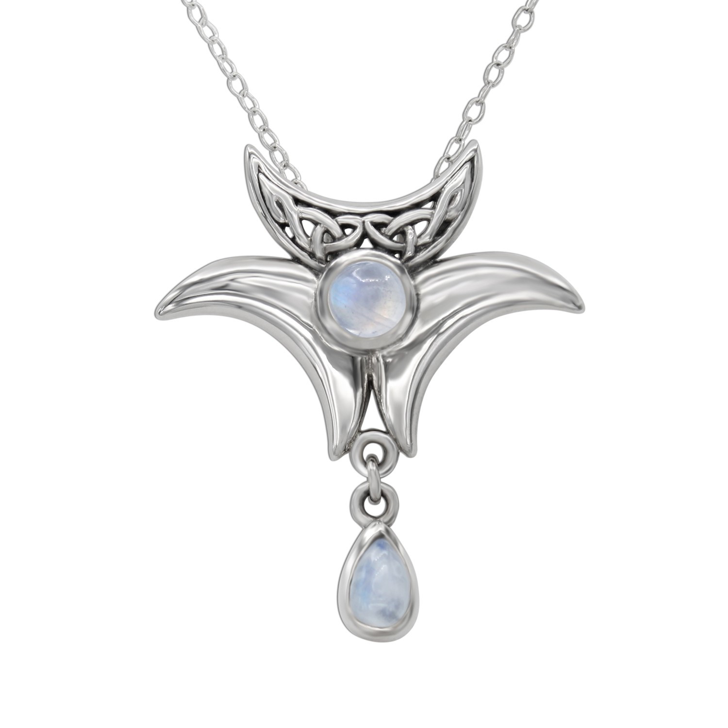Sterling Silver Celtic Triple Crescent Moon Moonstone Drop Pendant