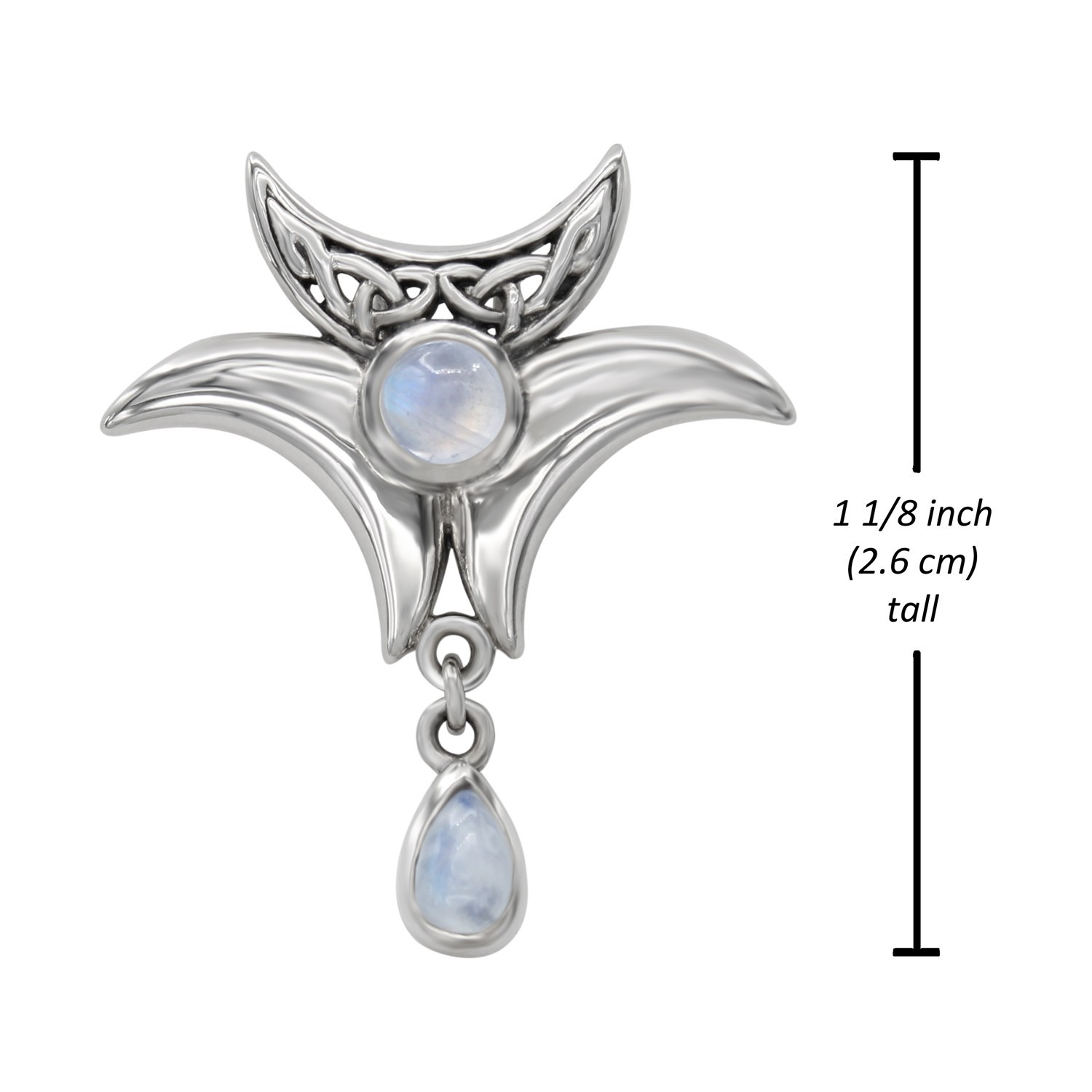 Pagan witch jewelry Celtic triple moon necklace with rainbow moonstone drop