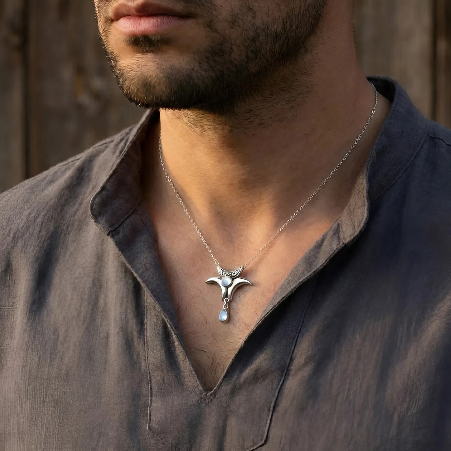 Sterling silver Celtic triple crescent moon necklace with natural rainbow moonstone