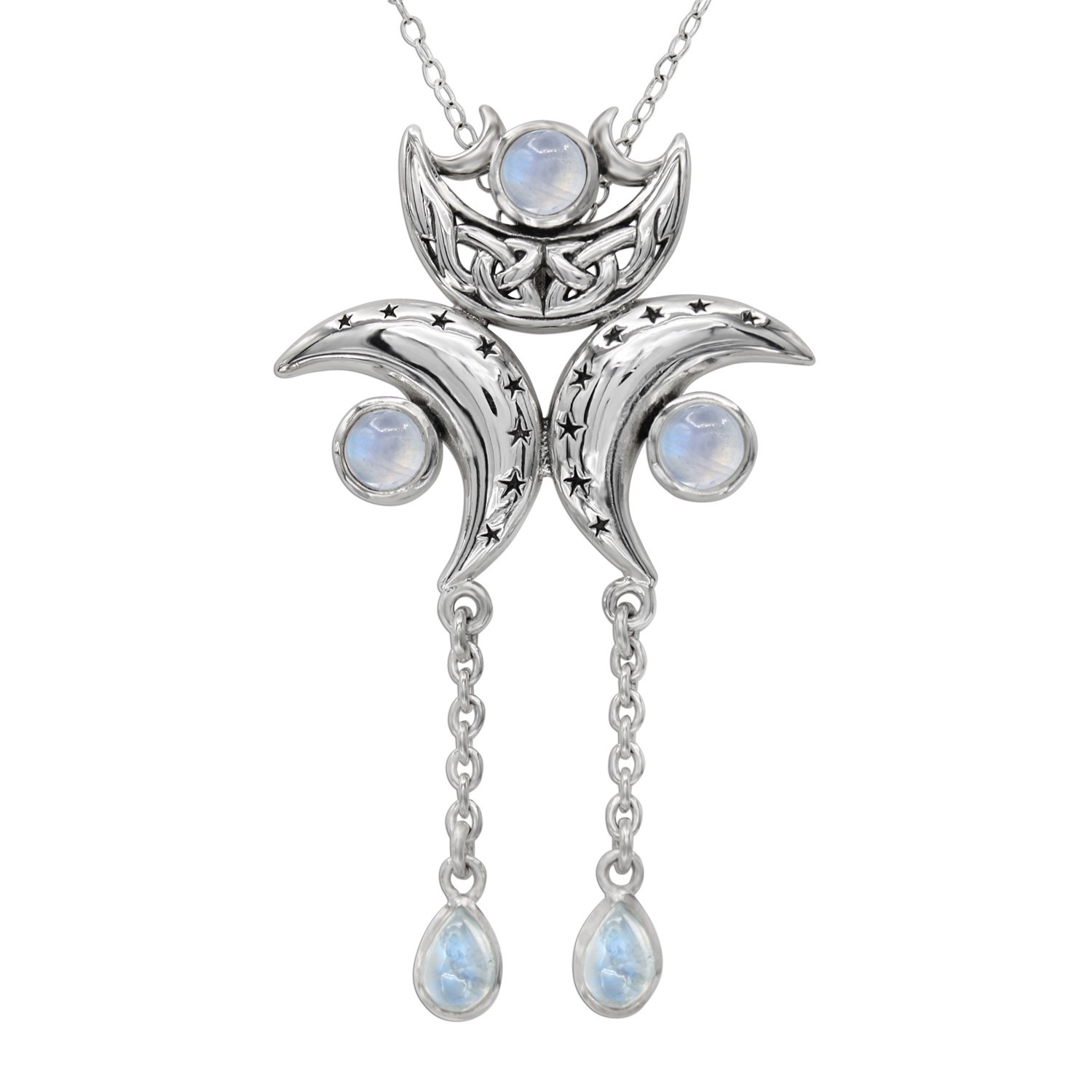 Silver Celtic Crescent Moon Goddess Necklace with Moonstone Drop