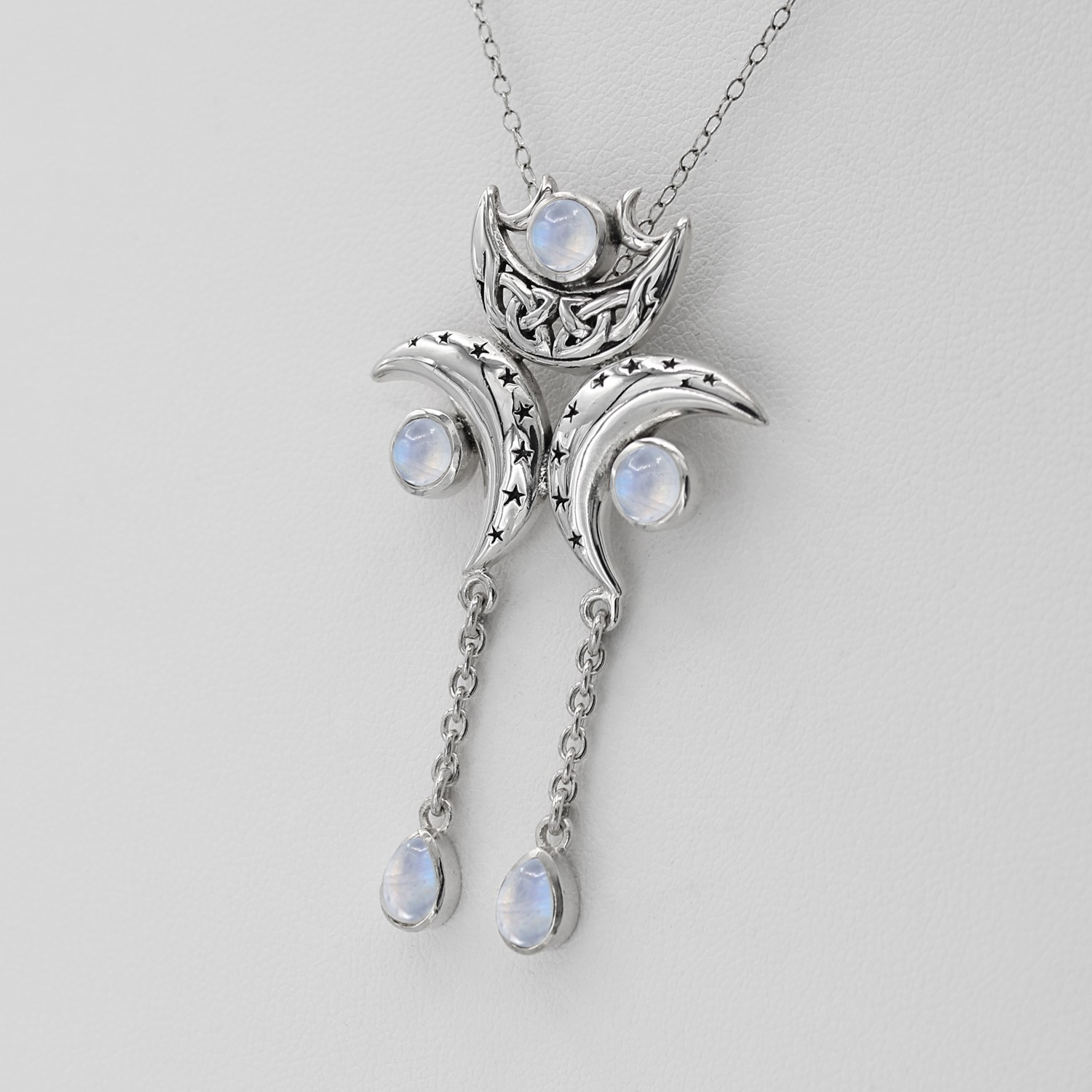 Dangling Moonstone Drop Triple Moon Celtic Goddess Pendant