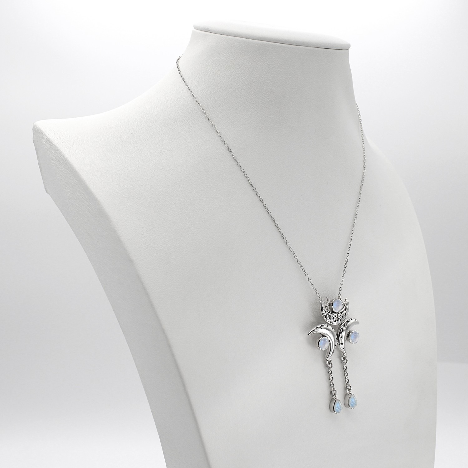 Celtic Triple Moon Goddess Necklace Rainbow Moonstone Amulet Jewelry