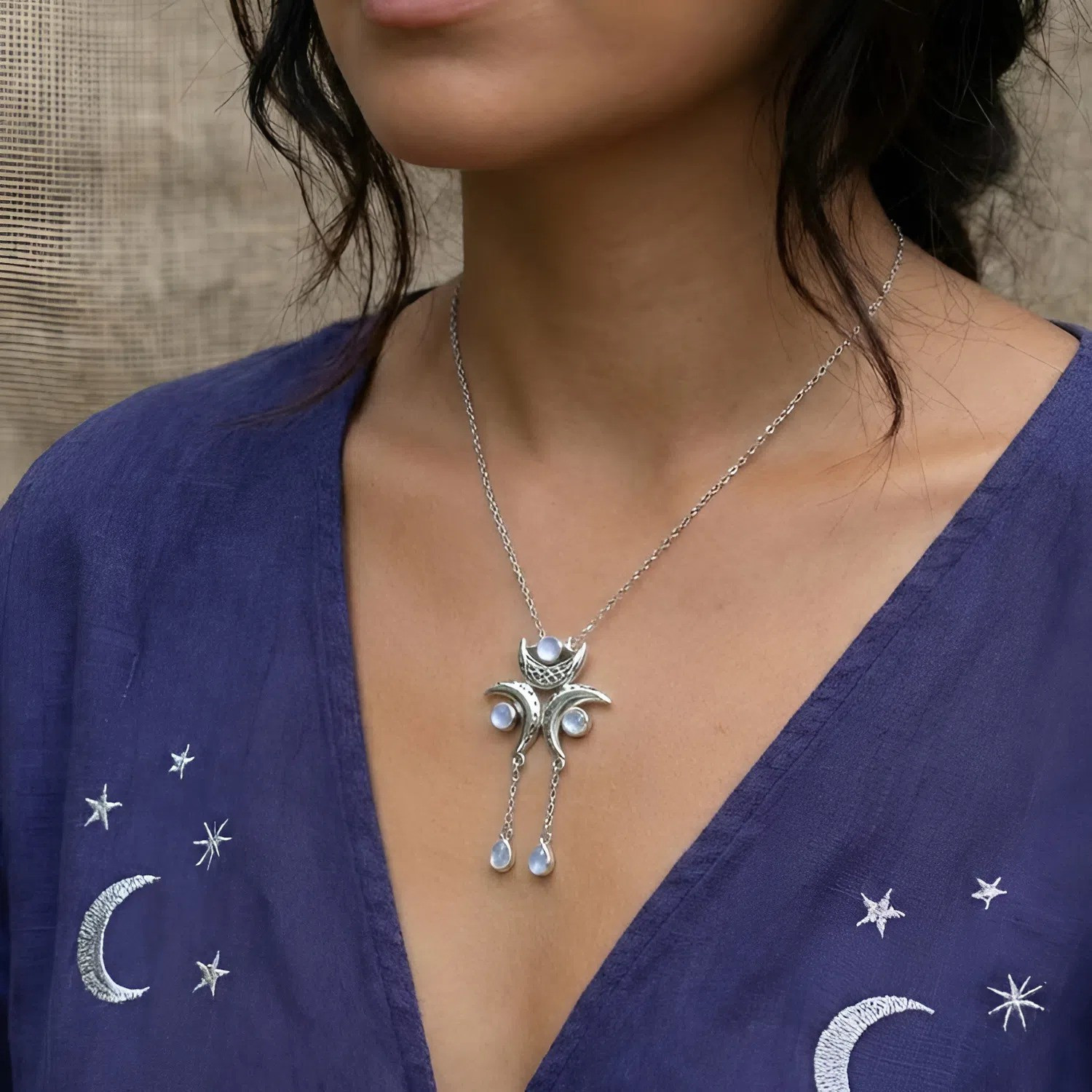 Rainbow Moonstone Triple Moon Goddess Silver Pendant with Stars
