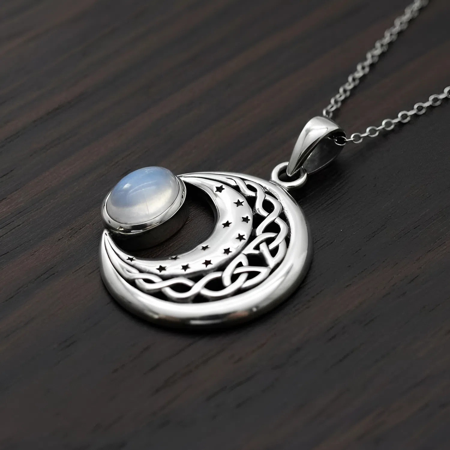 925 Silver Modern Celtic Knot Moon and Stars Witch Jewelry Gift