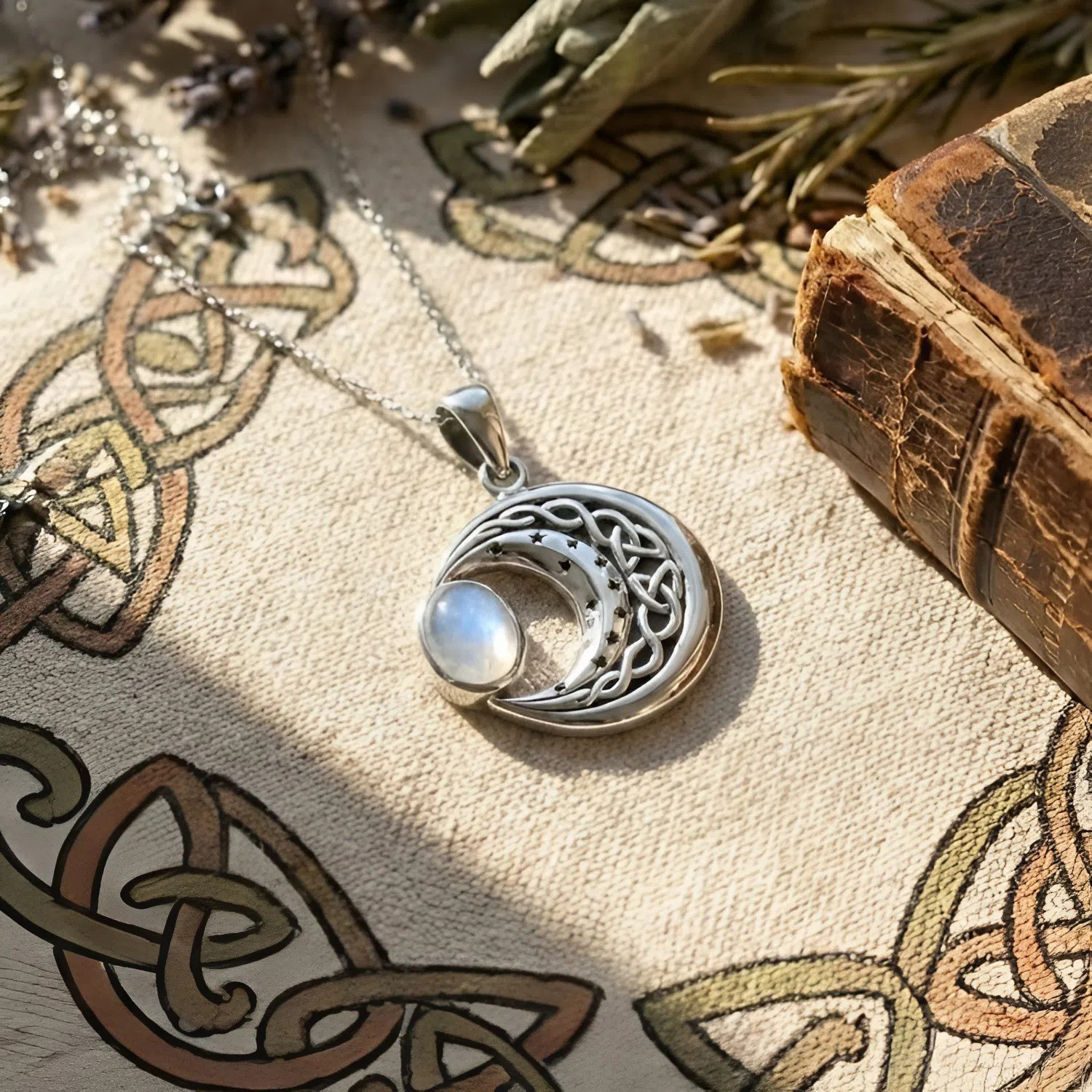 Womens Celtic Crescent Moon and Stars Moonstone Necklace