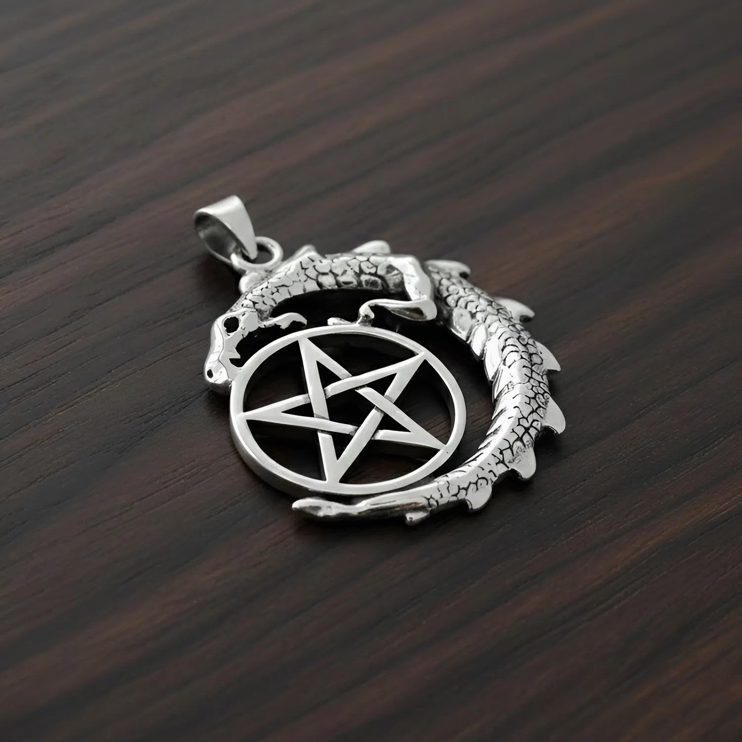 Double Sided Wicca Dragon Pentacle Necklace Silver Witch Amulet