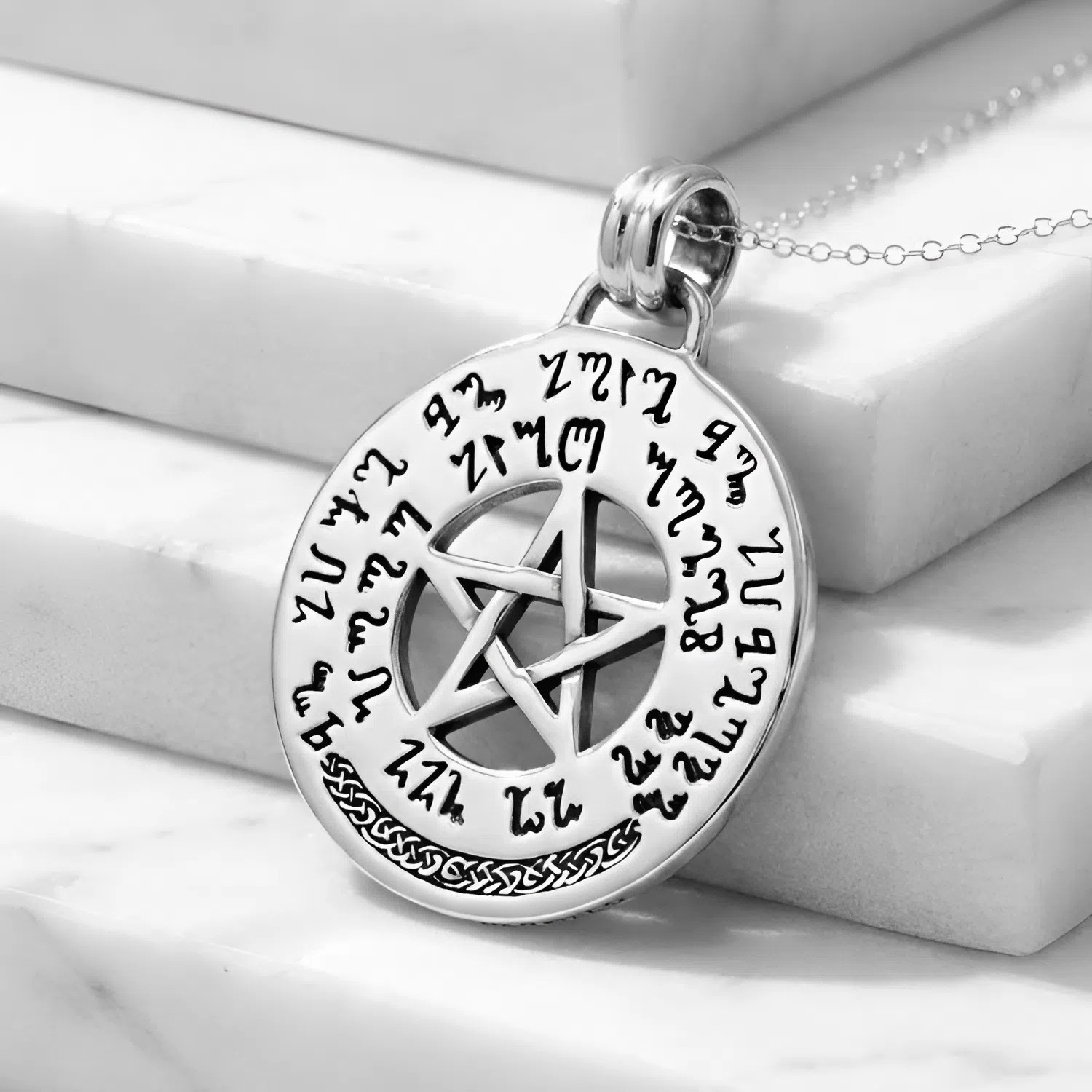 Good luck talisman and pentacle pendant in .925 sterling silver, featuring ancient Theban script and a central pentagram