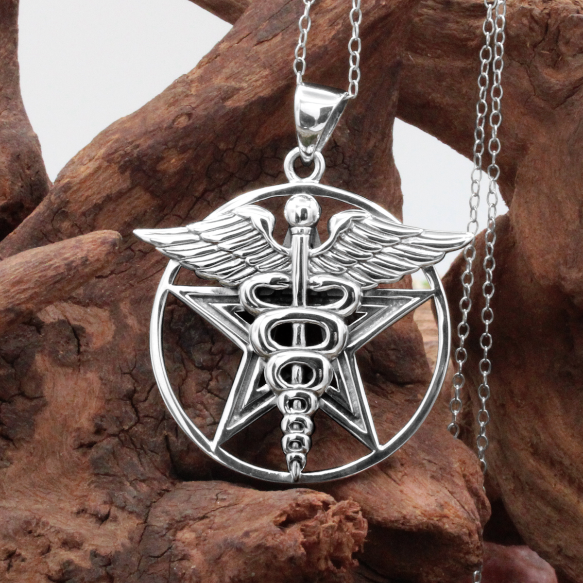 Hermes Caduceus Pentacle Jewelry Pendant in Sterling Silver