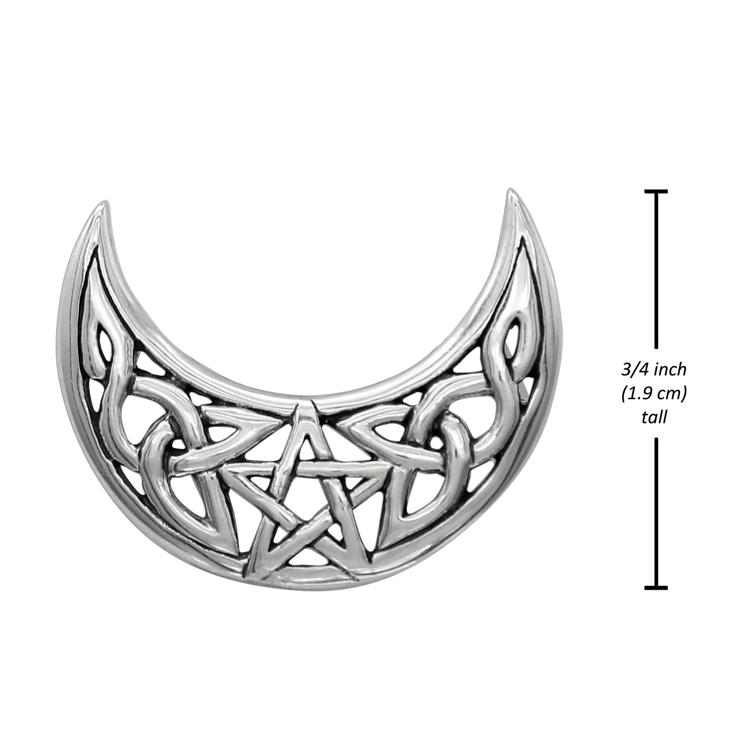 Celtic Moon Pendant and Horned Moon Necklace measurement guide showing this .925 sterling silver moon and star pendant stands at 3/4 inch (1.9 cm) tall
