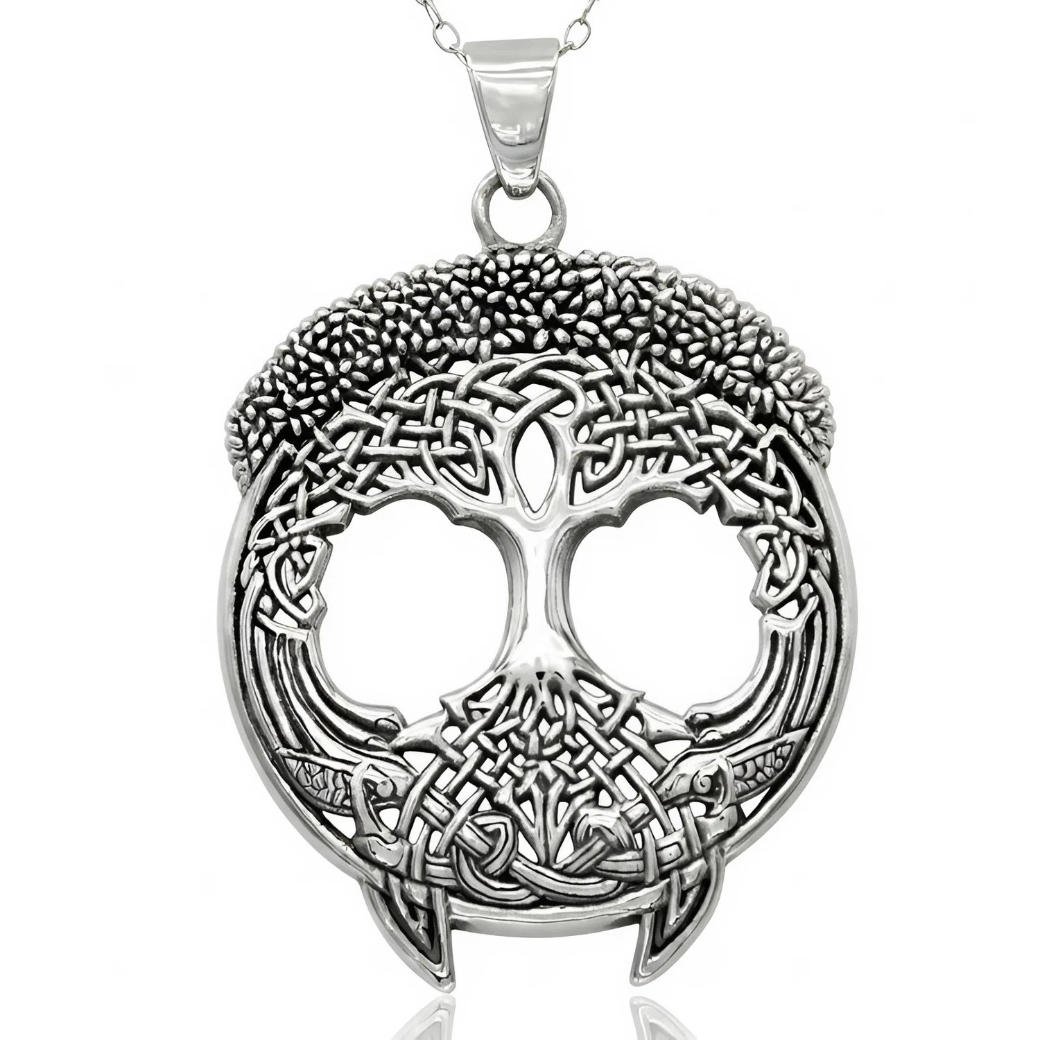 Sterling silver tree pendant serving as a beautiful large tree of life amulet, capturing the iconic Celtic tree necklace design reflecting on a crisp white background