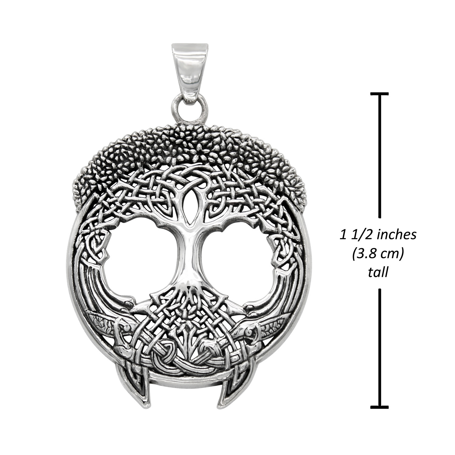 Measurement guide for the large tree of life, showing this sterling silver tree pendant and Celtic tree necklace stands at exactly 1 1/2 inches (3.8 cm) tall