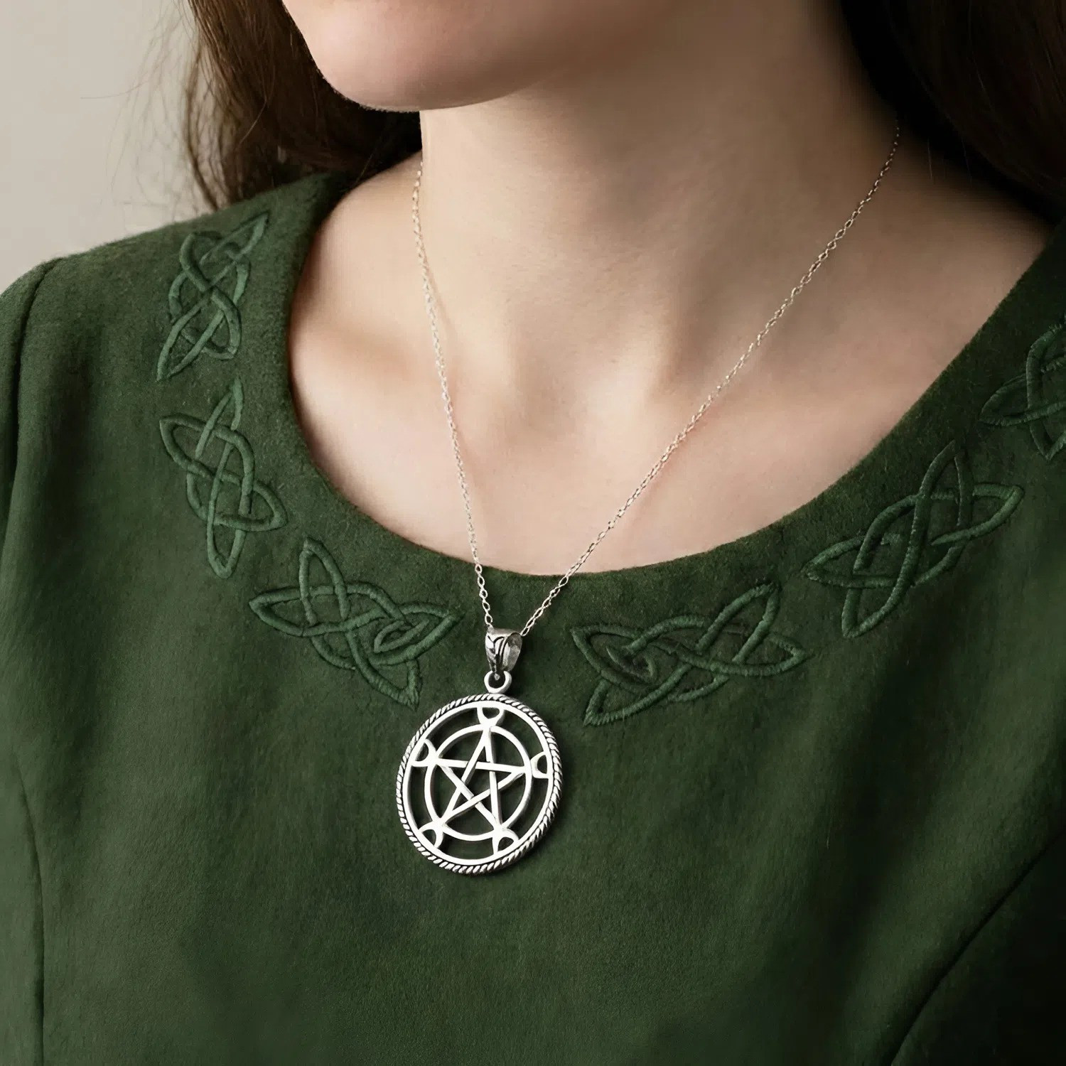 Luxury Sterling Silver Moon Pentacle Necklace Minimalist Pagan Art