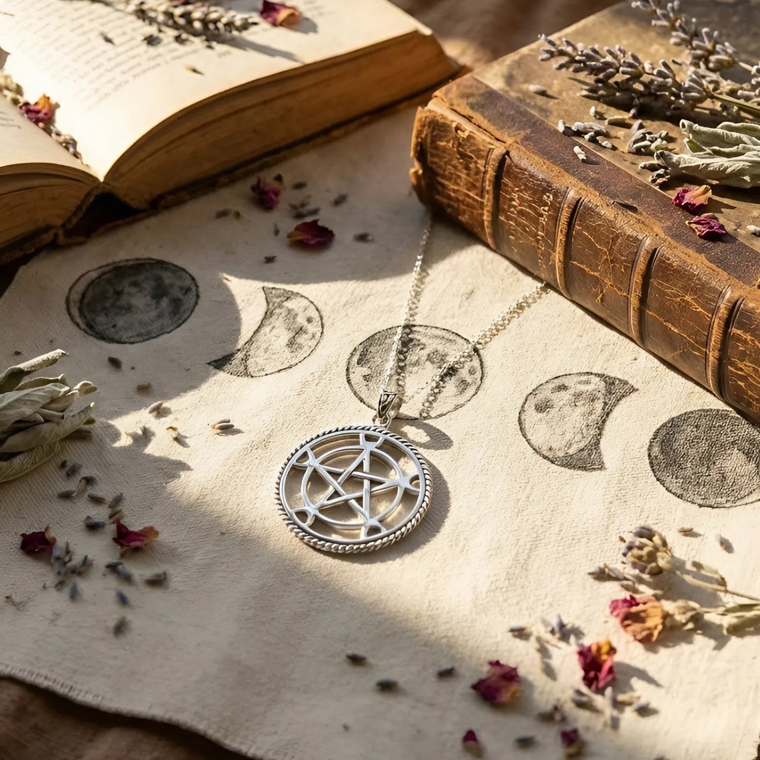 Silver Crescent Moon Pentacle Necklace Premium Witchcraft Amulet