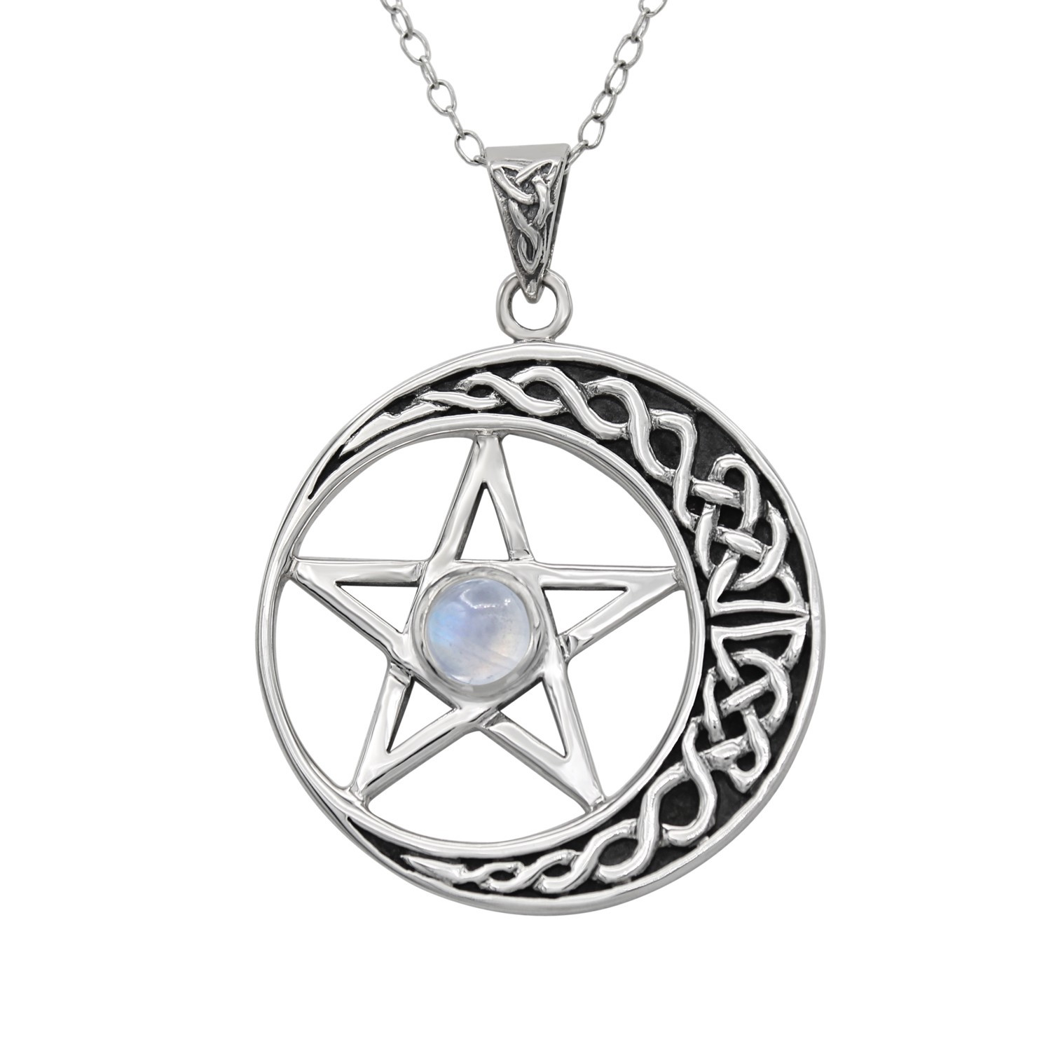 Large Celtic Crescent Moon Pentagram Pentacle Pendant - Sterling