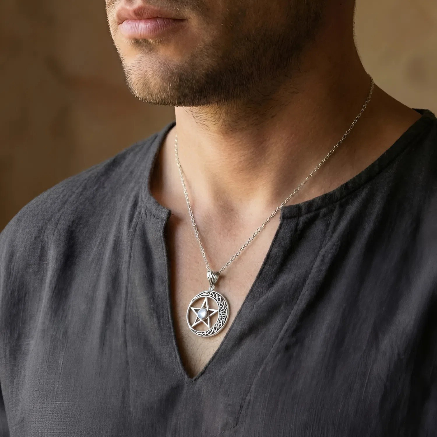 Collana Wiccan 7 Chakra In Argento 925 Con Pentacolo E Luna Crescente, Regalo Simbolico Per Donne E Uomini
